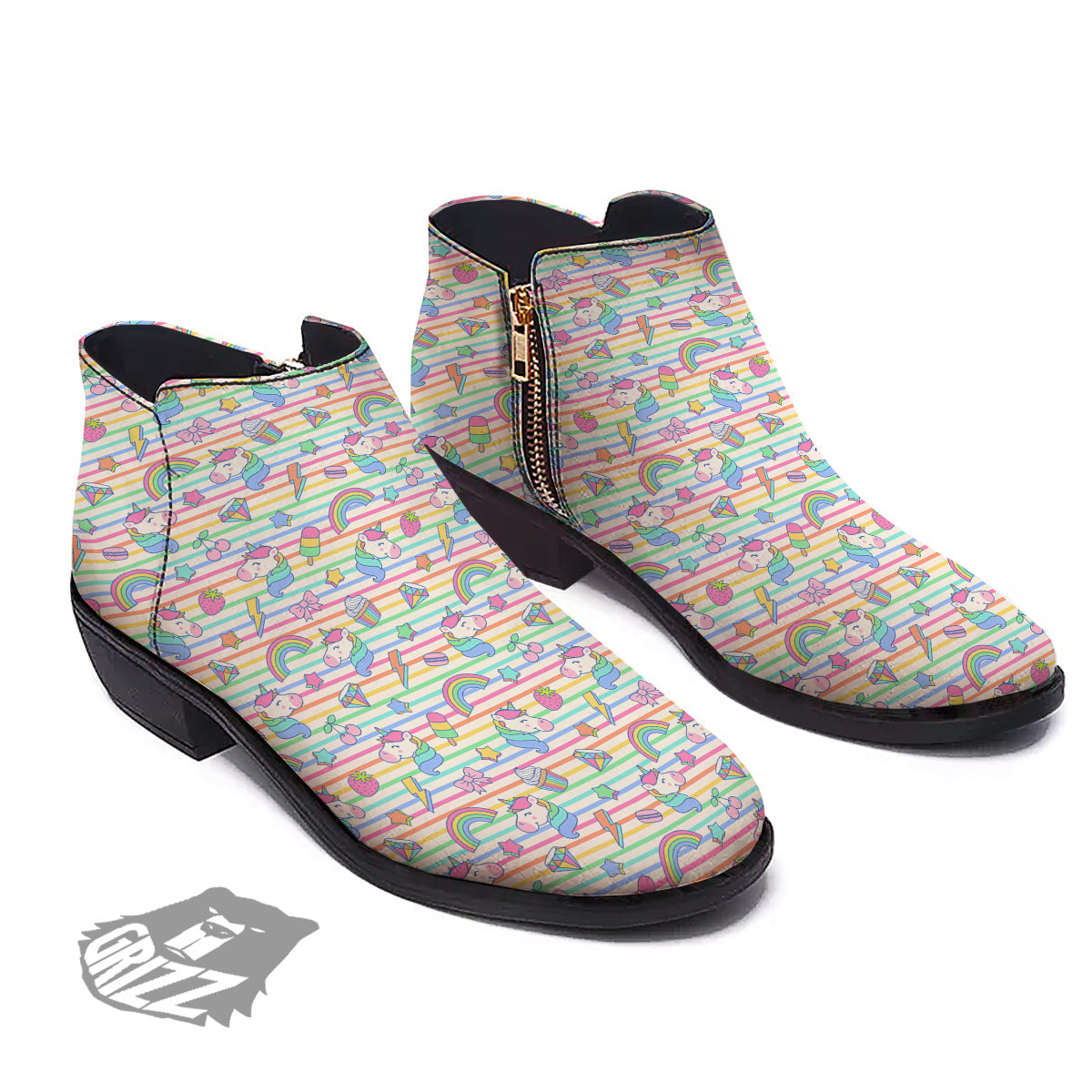 Unicorn Cute Rainbow Print Pattern Ankle Boots-grizzshop