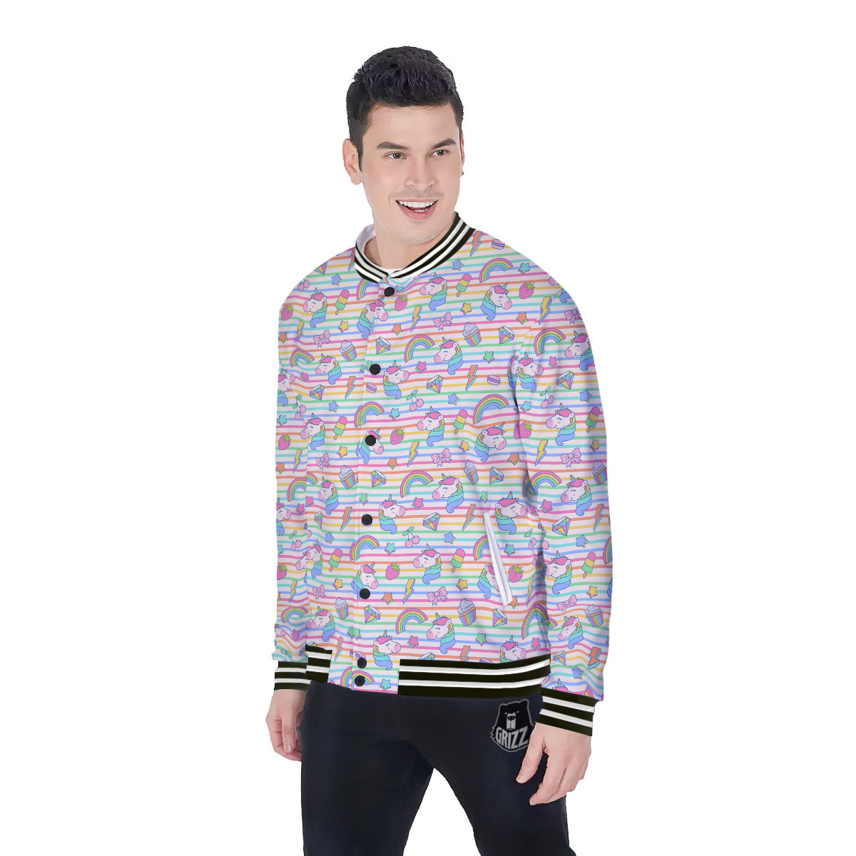 Unicorn Cute Rainbow Print Pattern Baseball Jacket-grizzshop