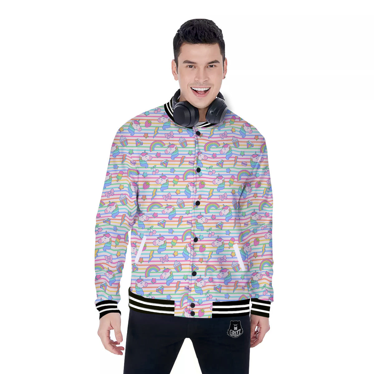 Unicorn Cute Rainbow Print Pattern Baseball Jacket-grizzshop