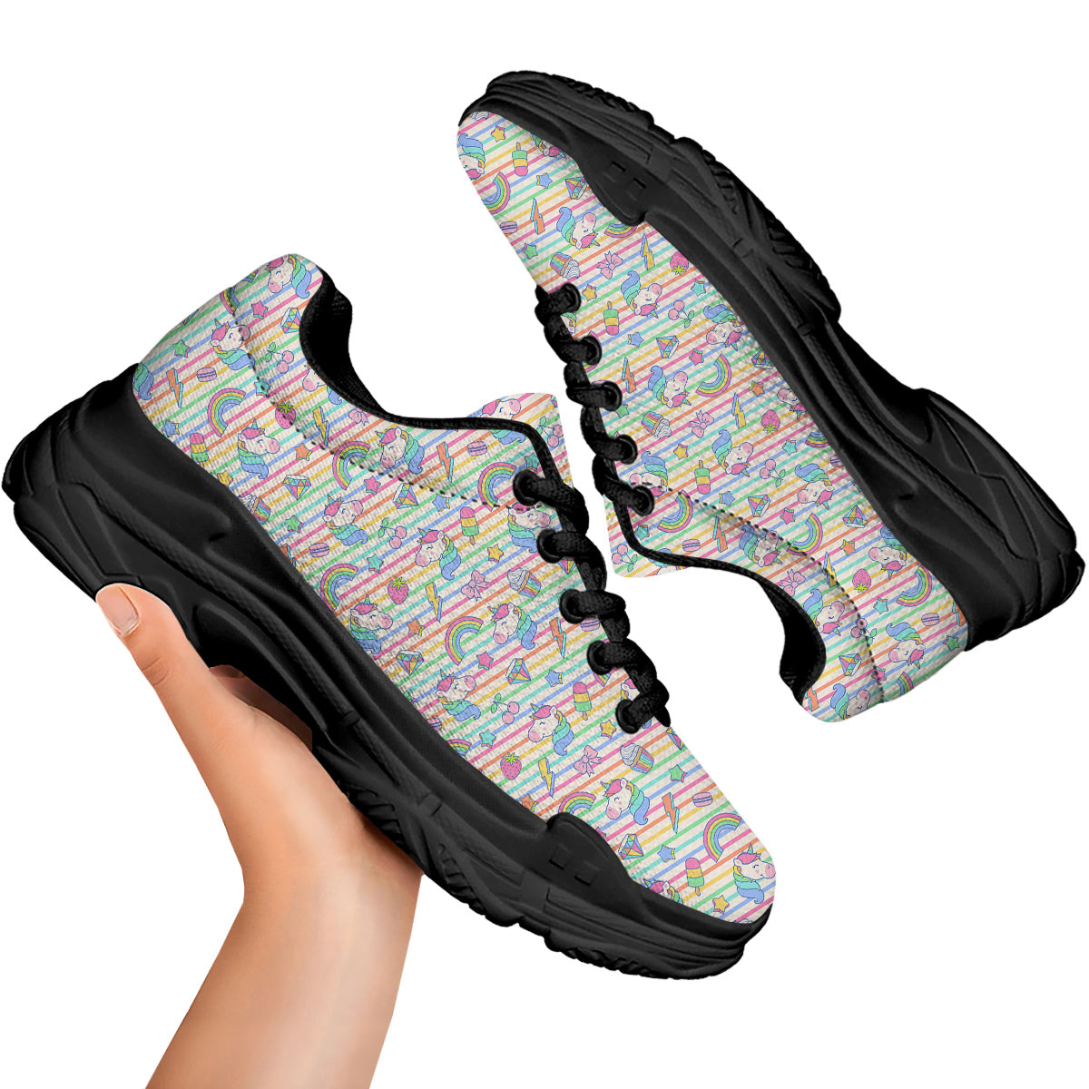 Unicorn Cute Rainbow Print Pattern Black Chunky Shoes-grizzshop