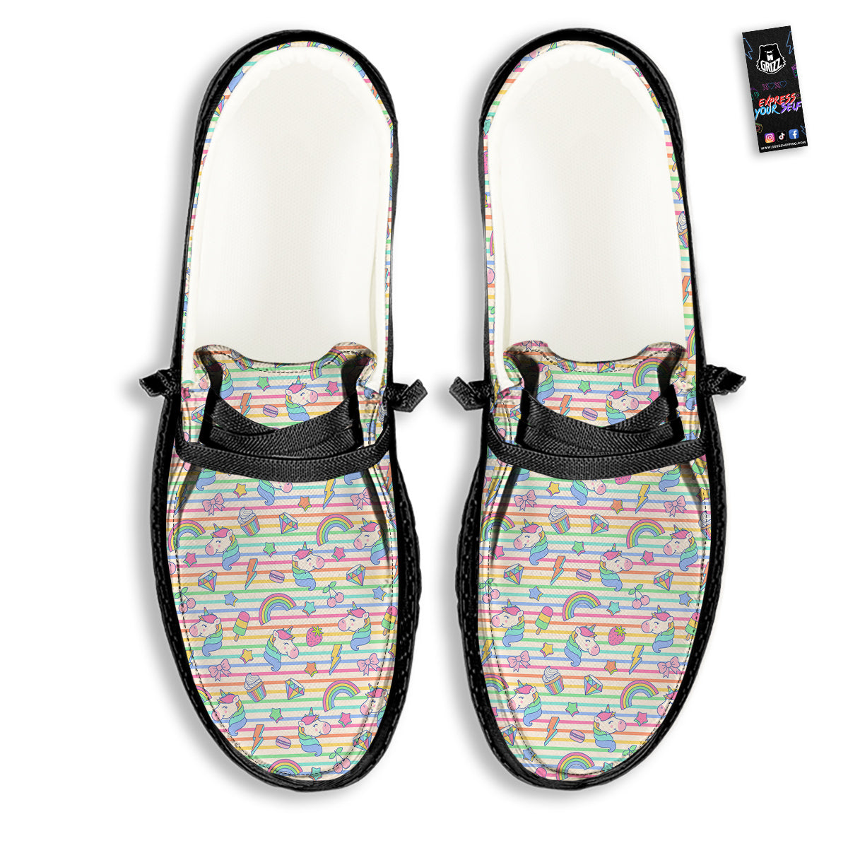 Unicorn Cute Rainbow Print Pattern Black Loafers-grizzshop