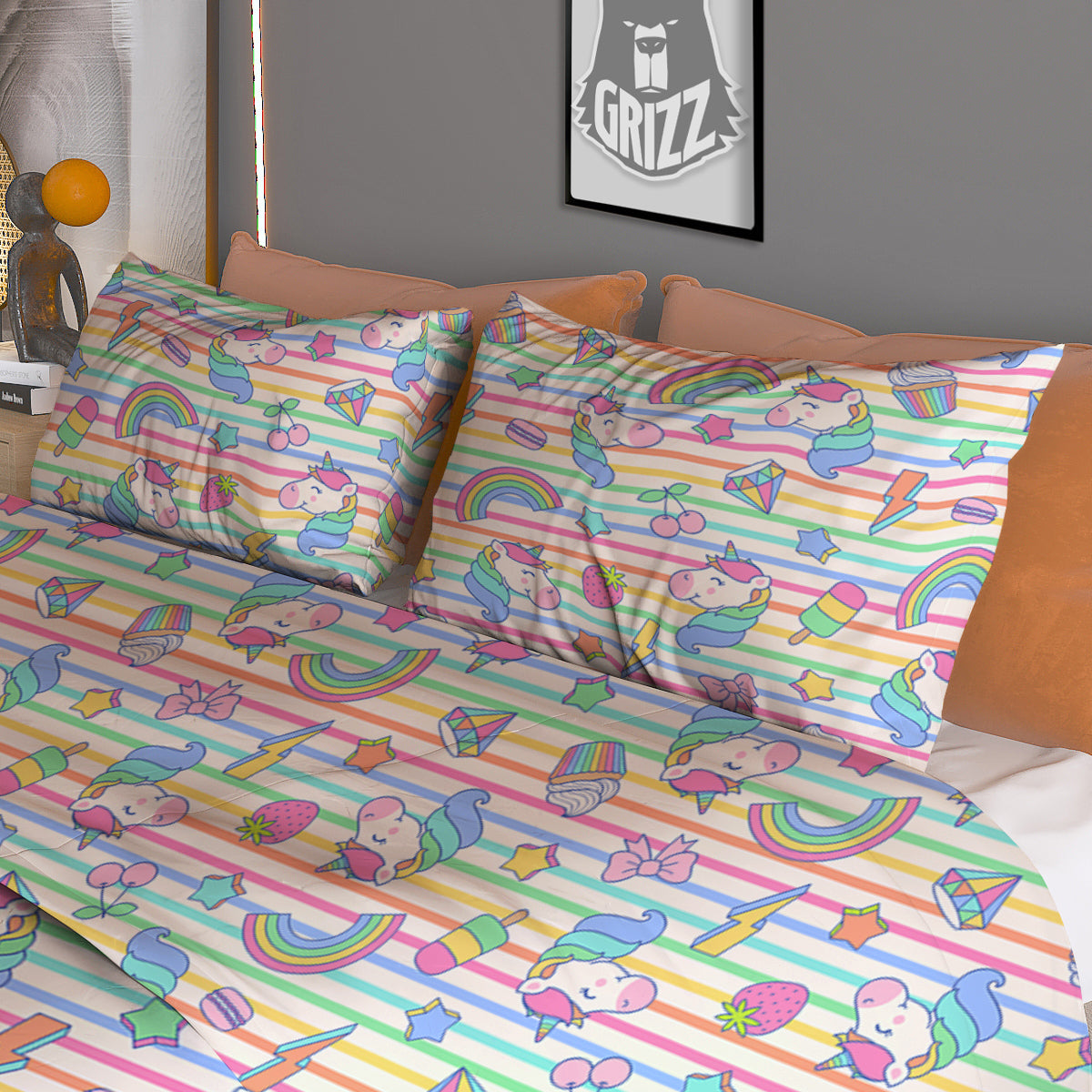 Unicorn Cute Rainbow Print Pattern Duvet Cover Bedding Set