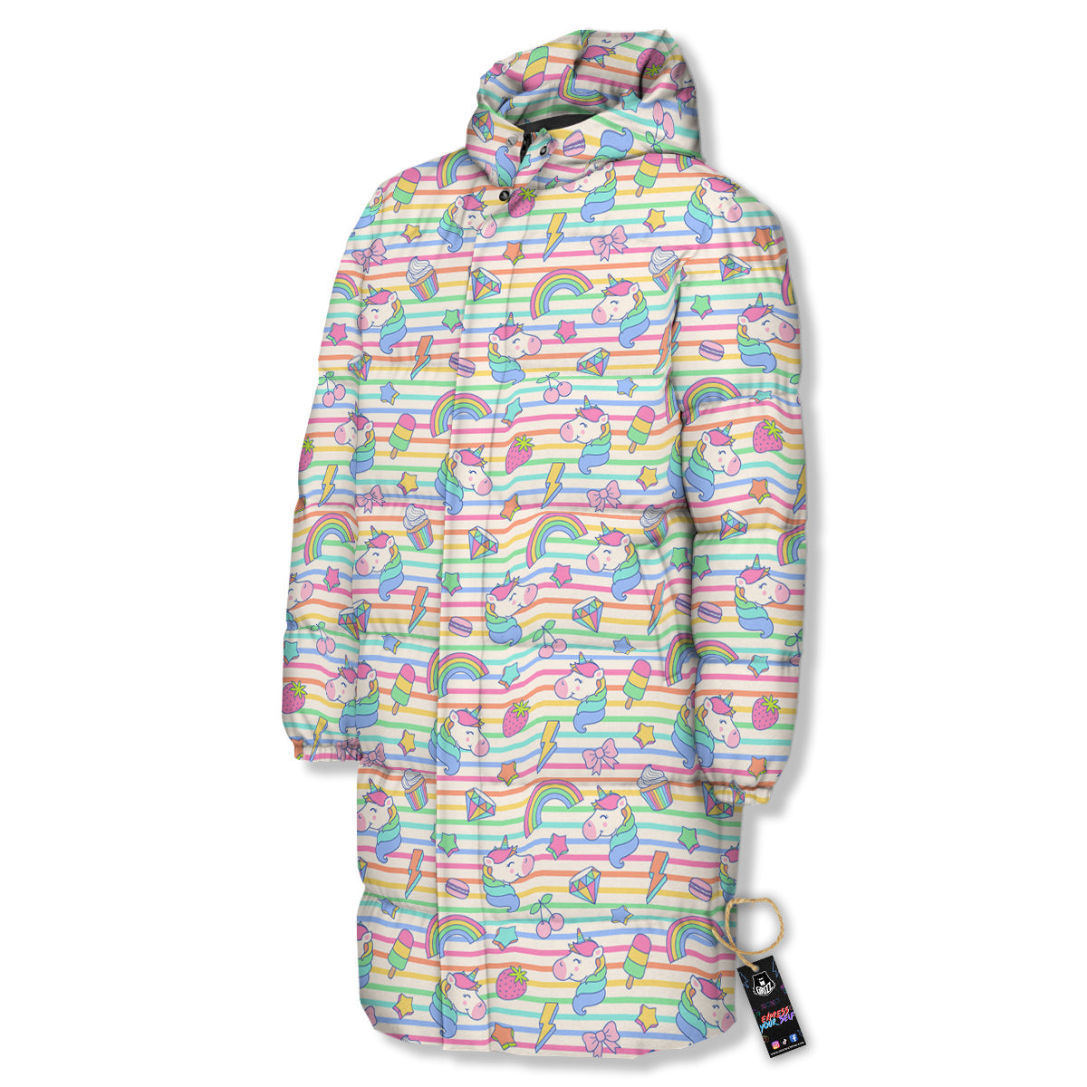 Unicorn Cute Rainbow Print Pattern Long Down Jacket-grizzshop