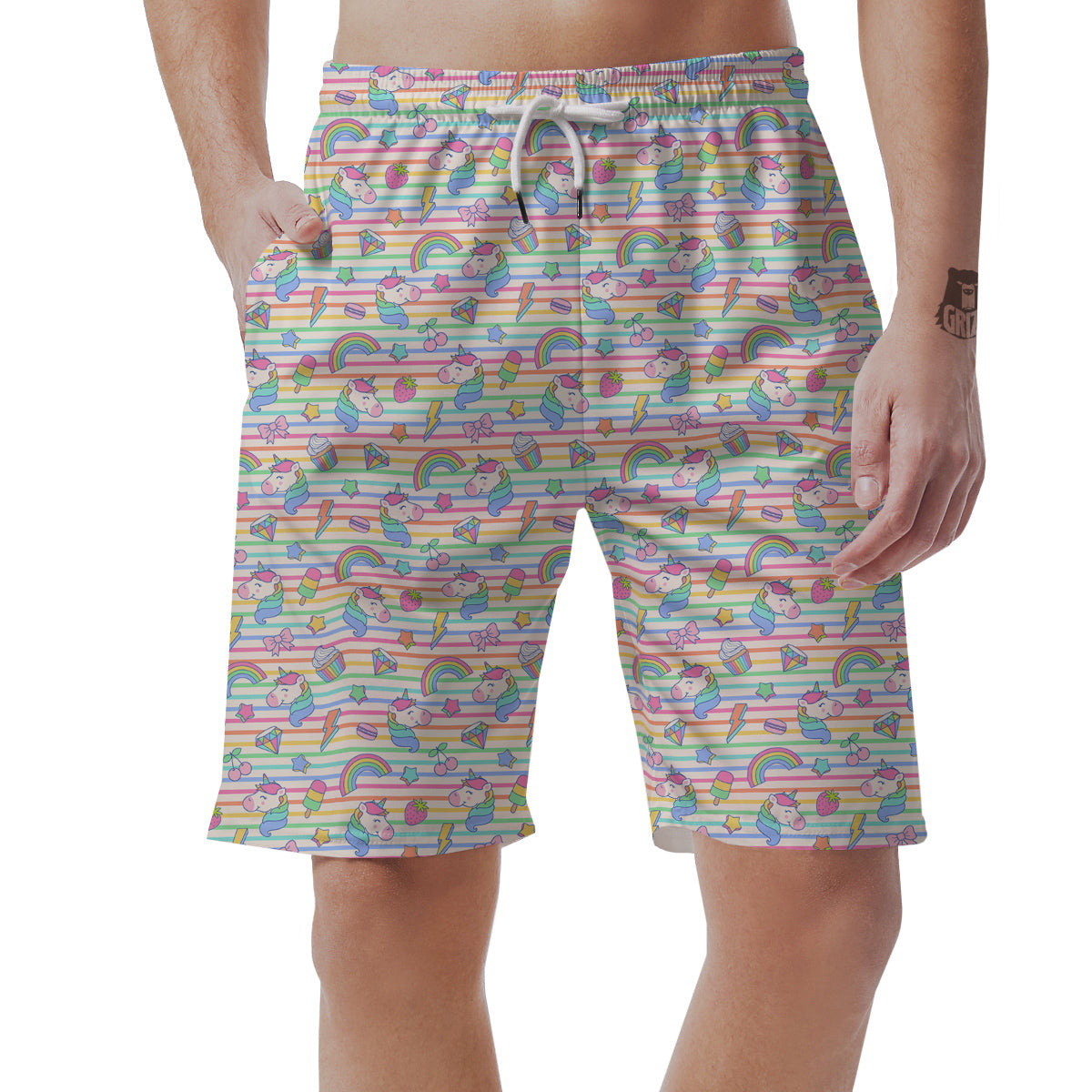 Unicorn Cute Rainbow Print Pattern Men's Shorts-grizzshop