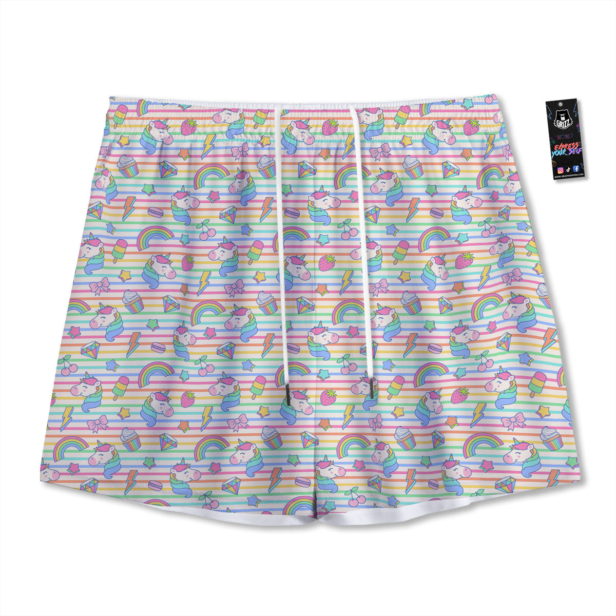 Unicorn Cute Rainbow Print Pattern Mesh Shorts