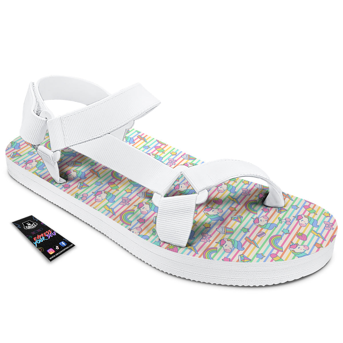 Unicorn Cute Rainbow Print Pattern White Open Toe Sandals-grizzshop