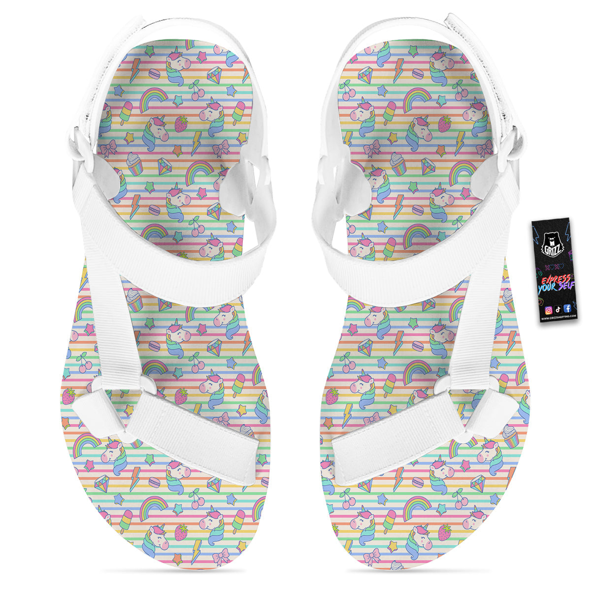 Unicorn Cute Rainbow Print Pattern White Open Toe Sandals-grizzshop
