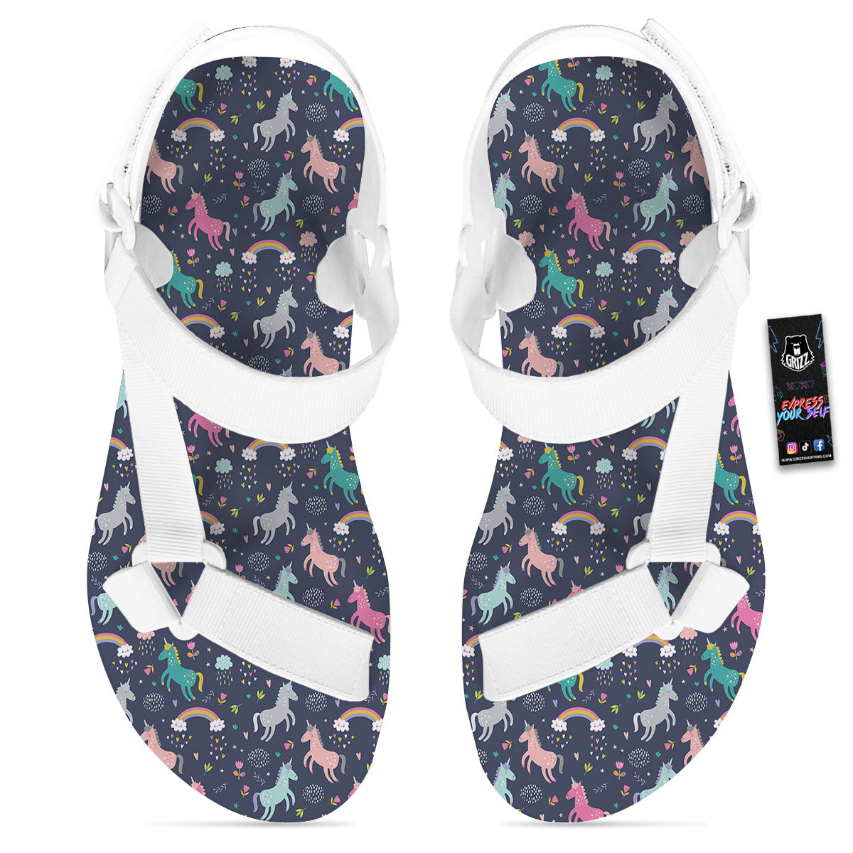 Unicorn Doodle Print Pattern White Open Toe Sandals-grizzshop