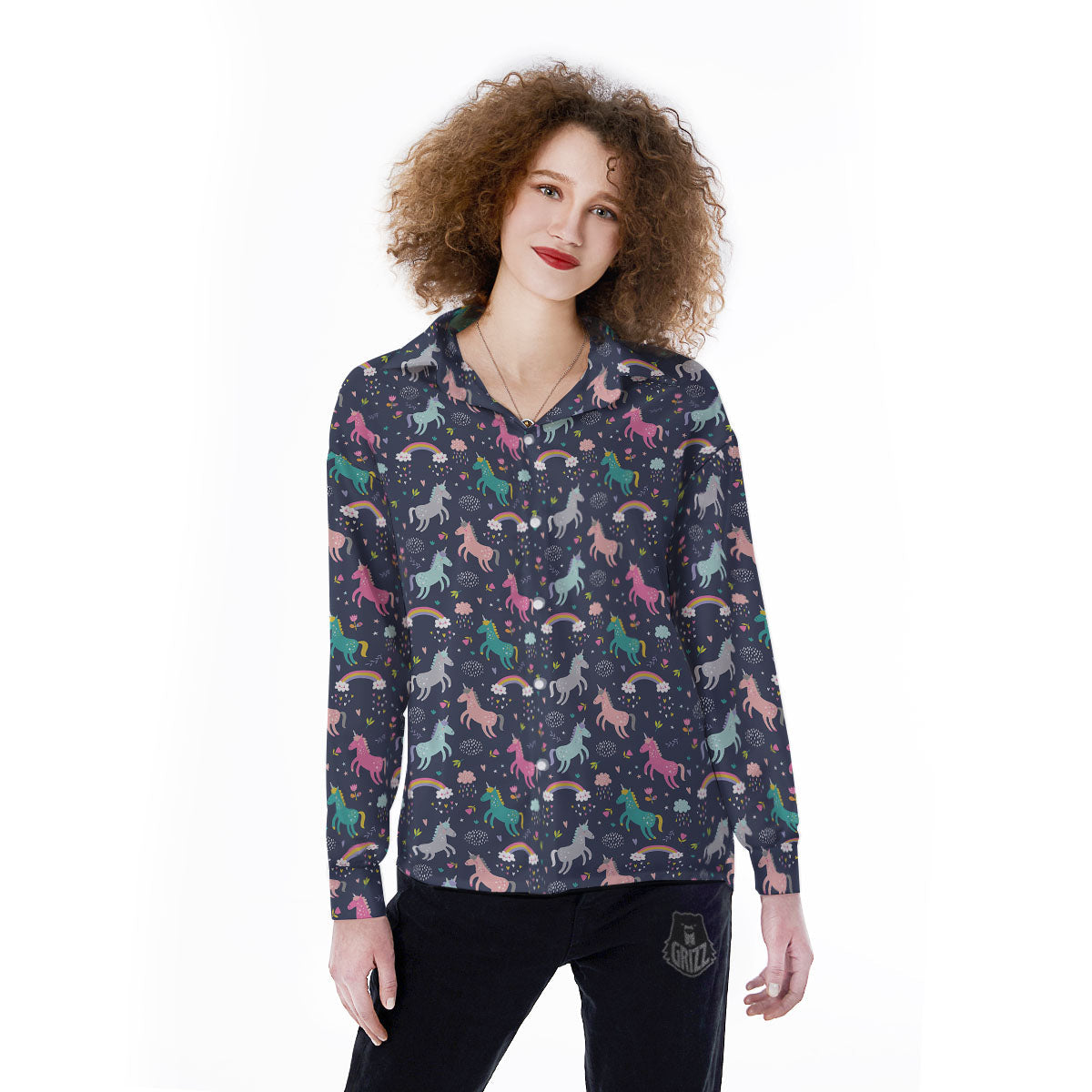 Unicorn Doodle Print Pattern Women's Long Sleeve Shirts-grizzshop