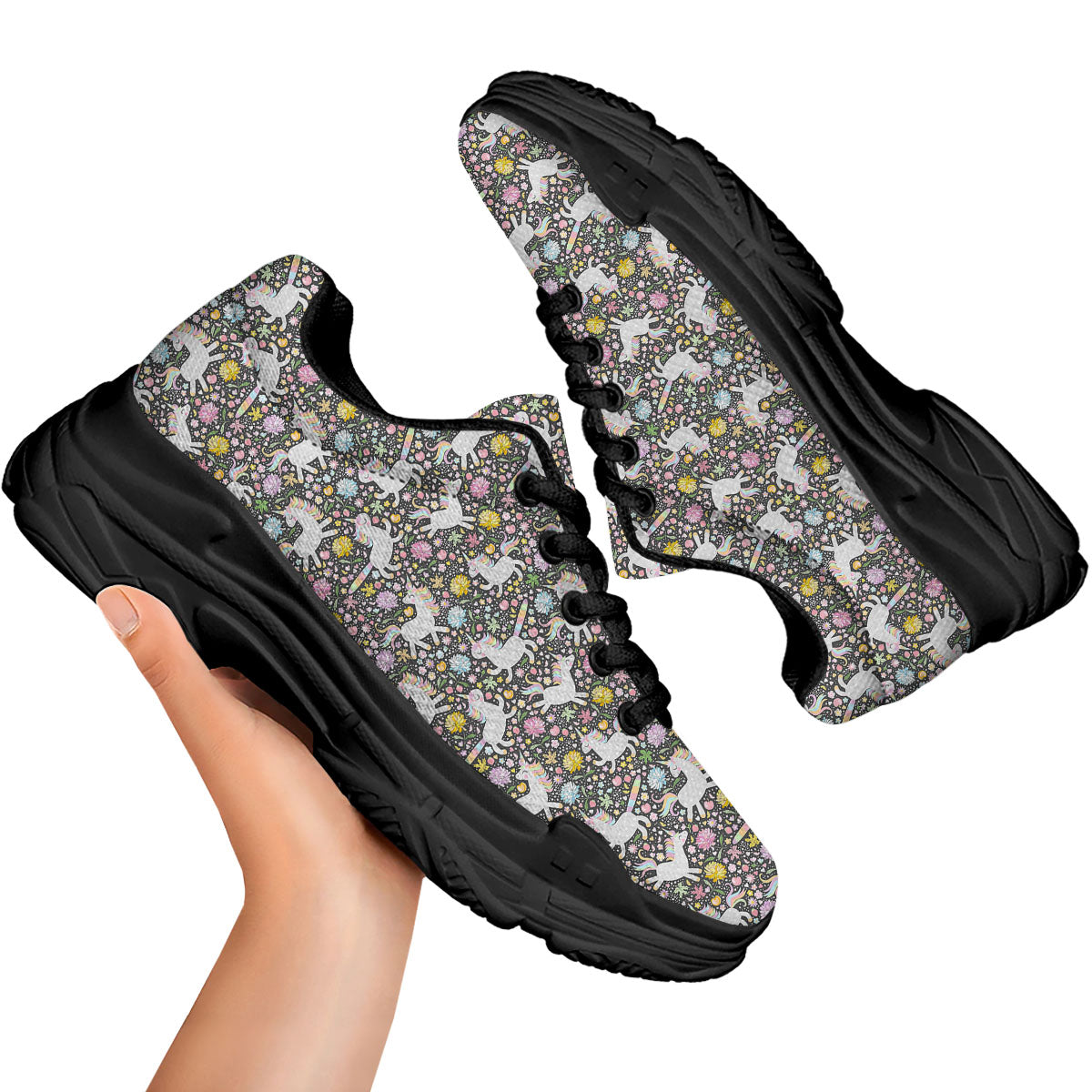Unicorn Fairy Floral Print Pattern Black Chunky Shoes-grizzshop