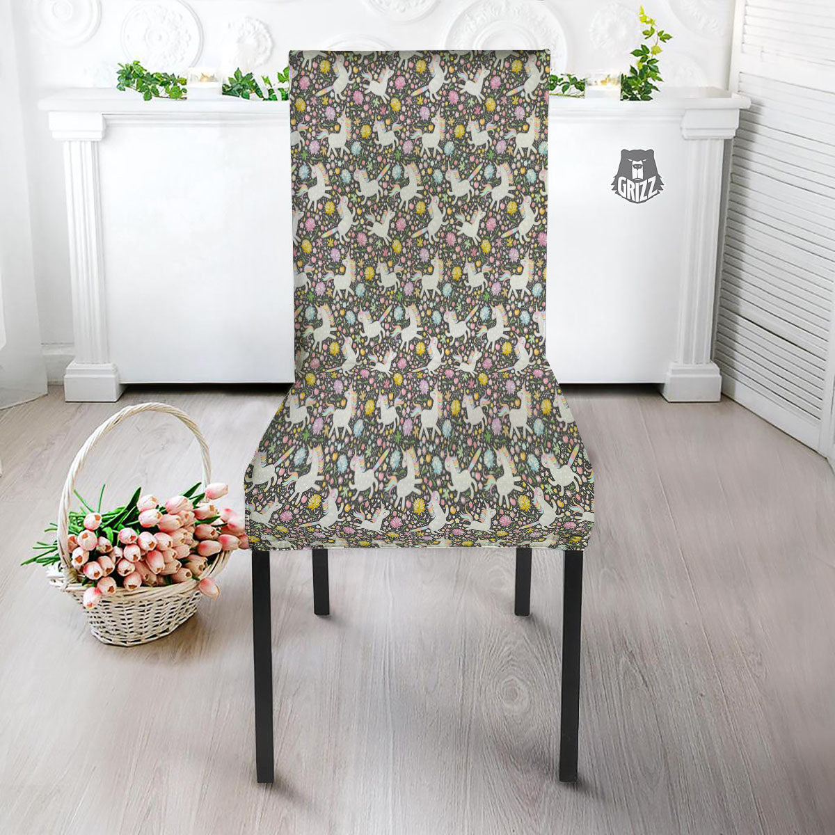 Unicorn Fairy Floral Print Pattern Dining Chair Slipcover-grizzshop