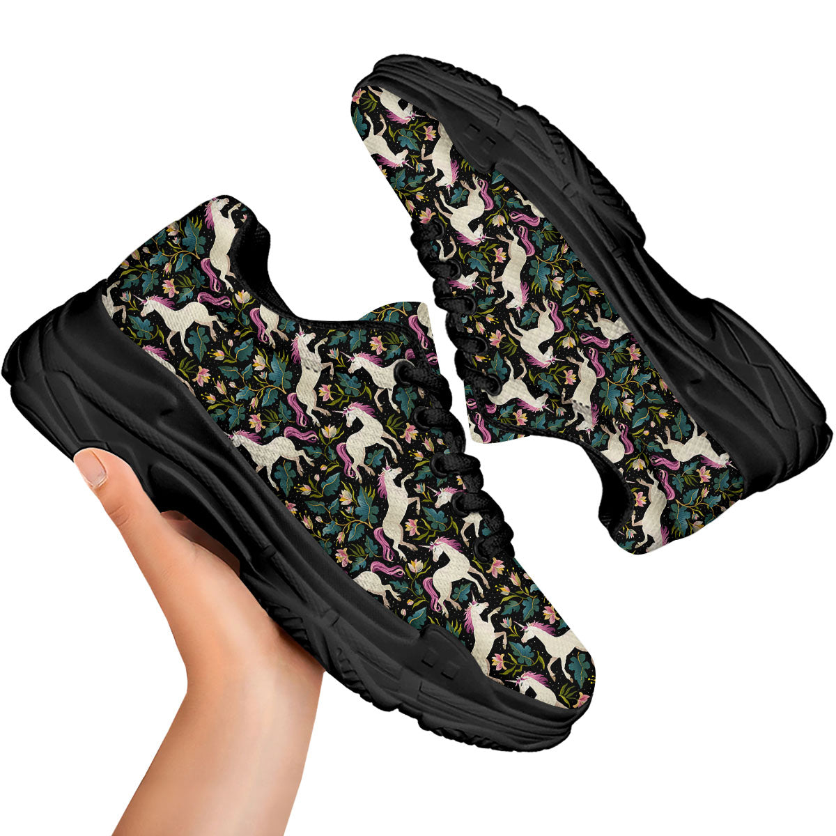 Unicorn Floral Print Pattern Black Chunky Shoes-grizzshop