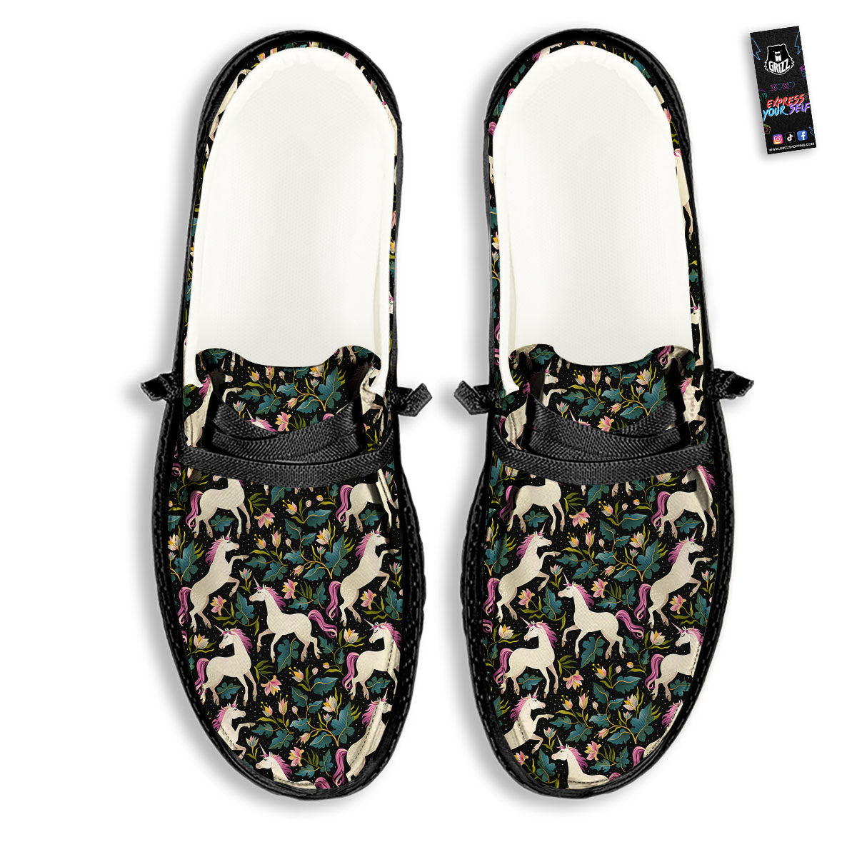 Unicorn Floral Print Pattern Black Loafers-grizzshop