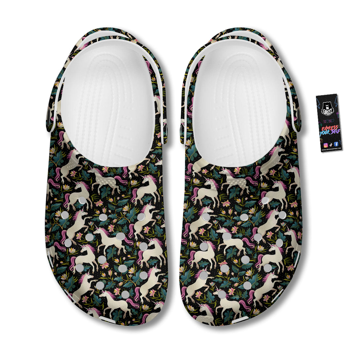 Unicorn Floral Print Pattern Clog-grizzshop
