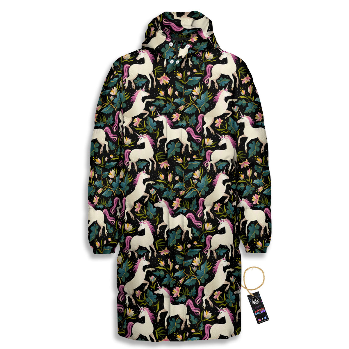 Unicorn Floral Print Pattern Long Down Jacket-grizzshop