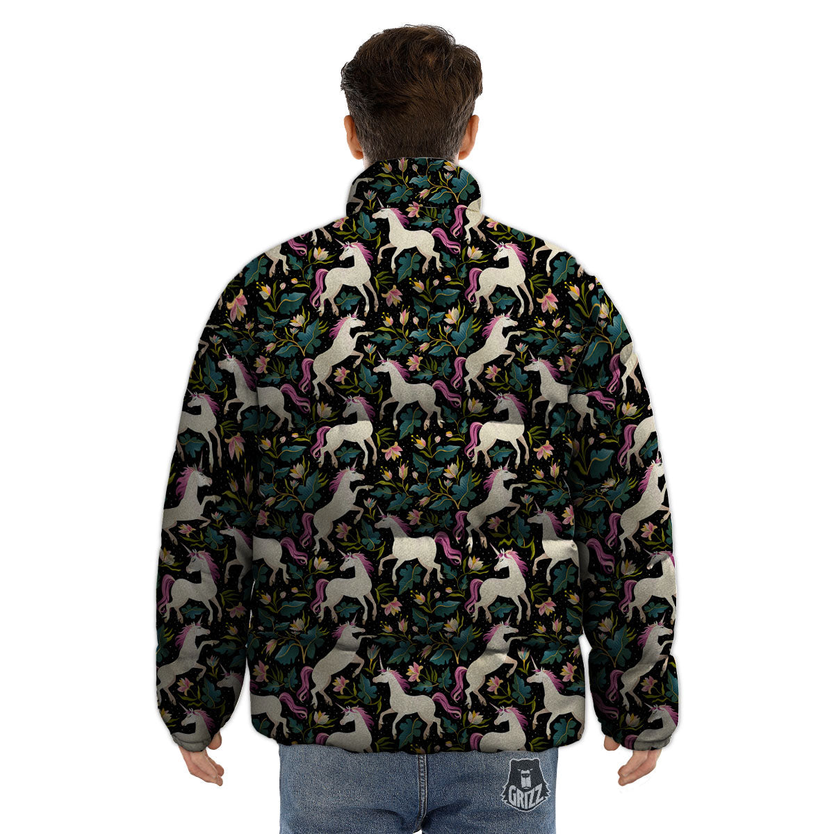 Unicorn Floral Print Pattern Puffer Jacket-grizzshop