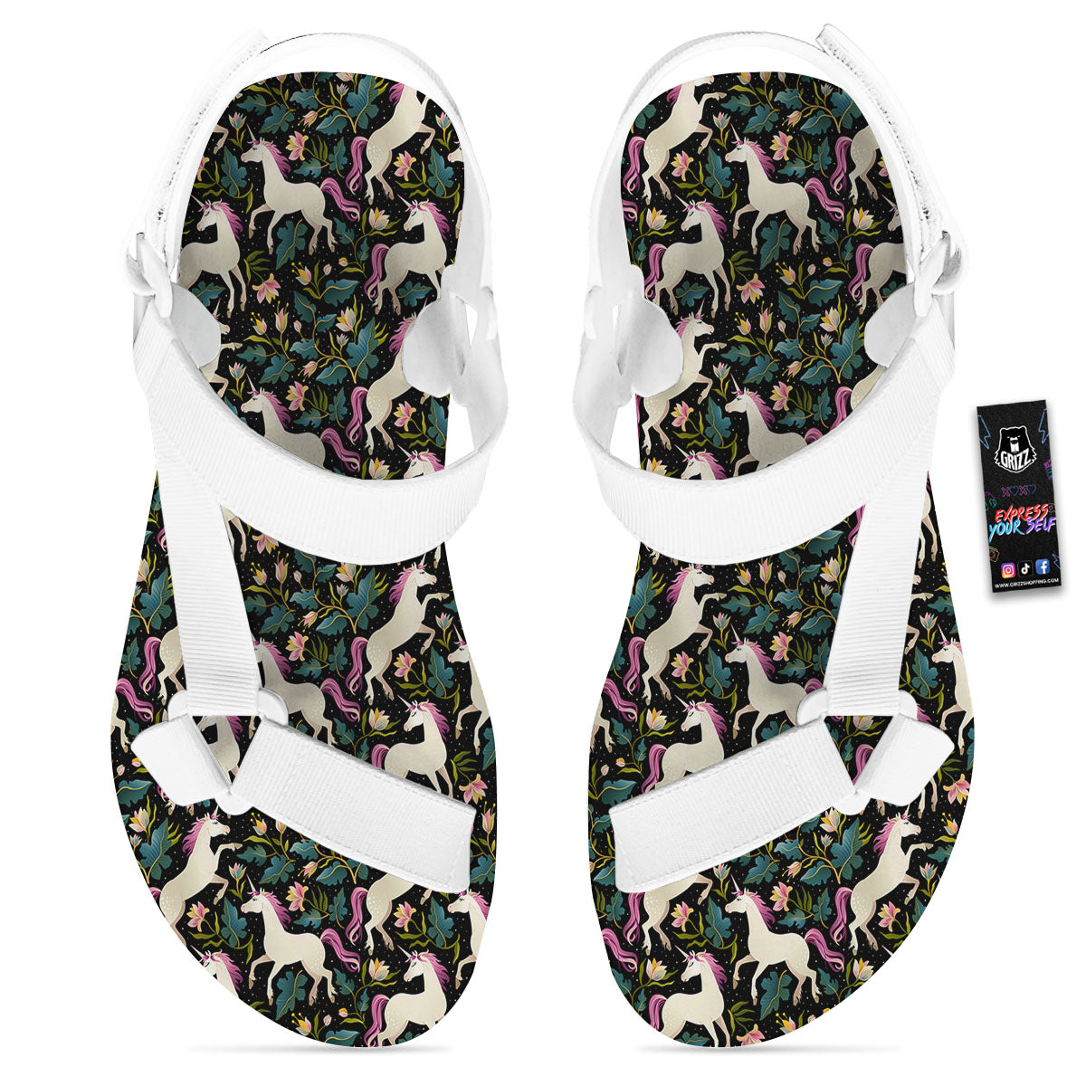 Unicorn Floral Print Pattern White Open Toe Sandals-grizzshop