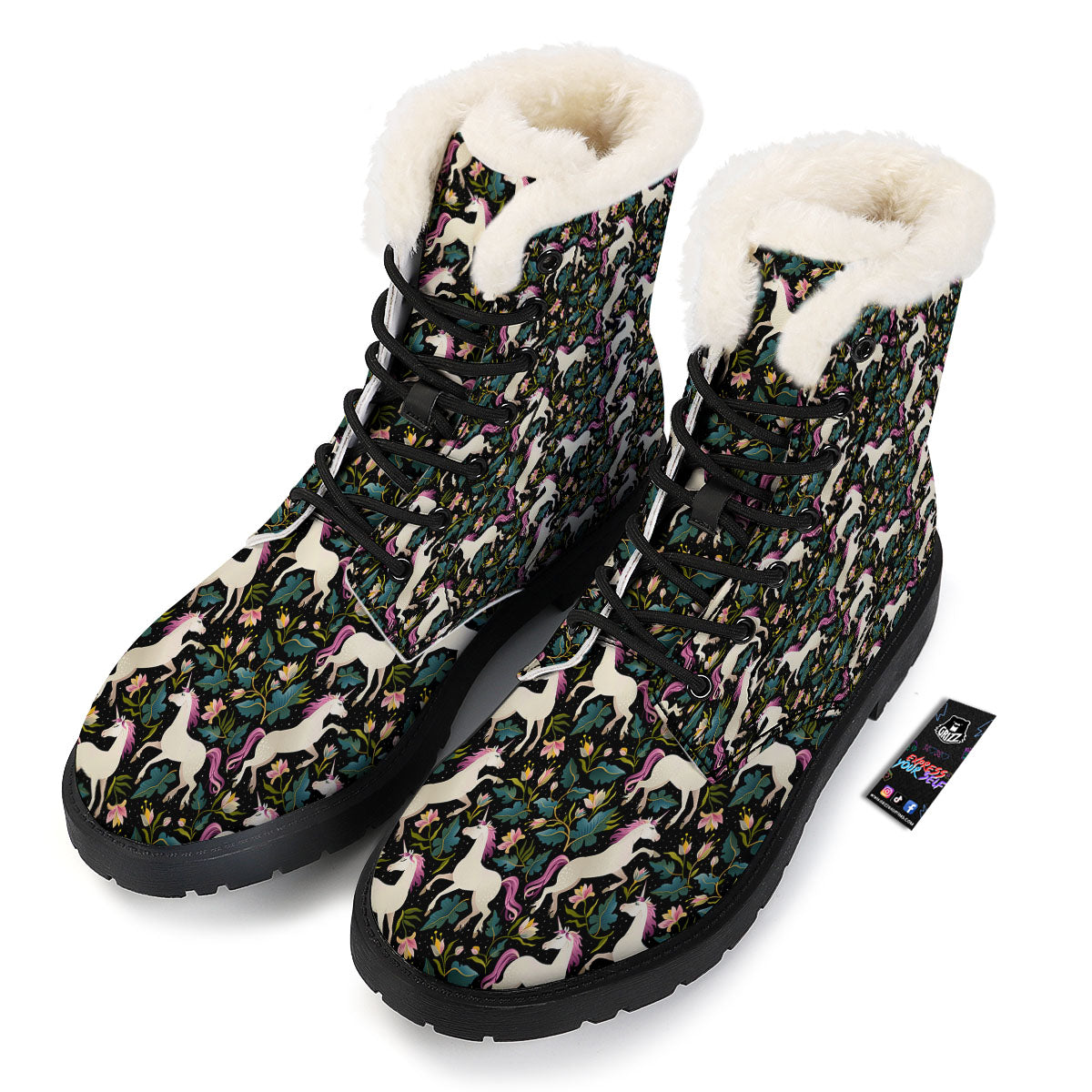 Unicorn Floral Print Pattern Winter Boots-grizzshop