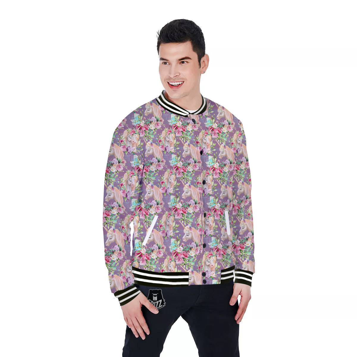 Unicorn Magic Floral Print Pattern Baseball Jacket-grizzshop