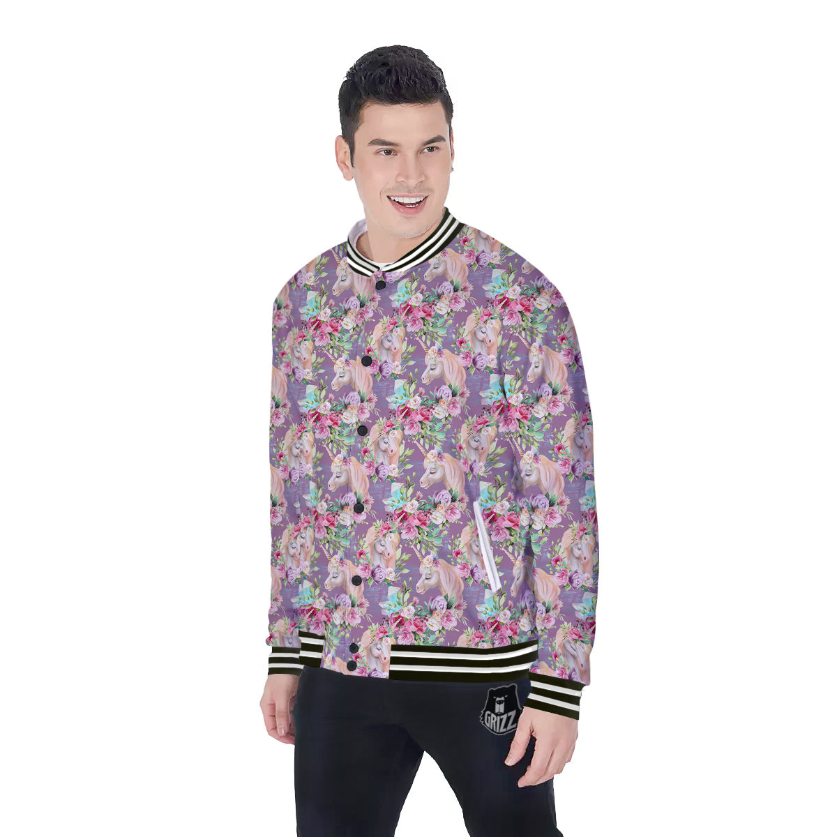 Unicorn Magic Floral Print Pattern Baseball Jacket-grizzshop