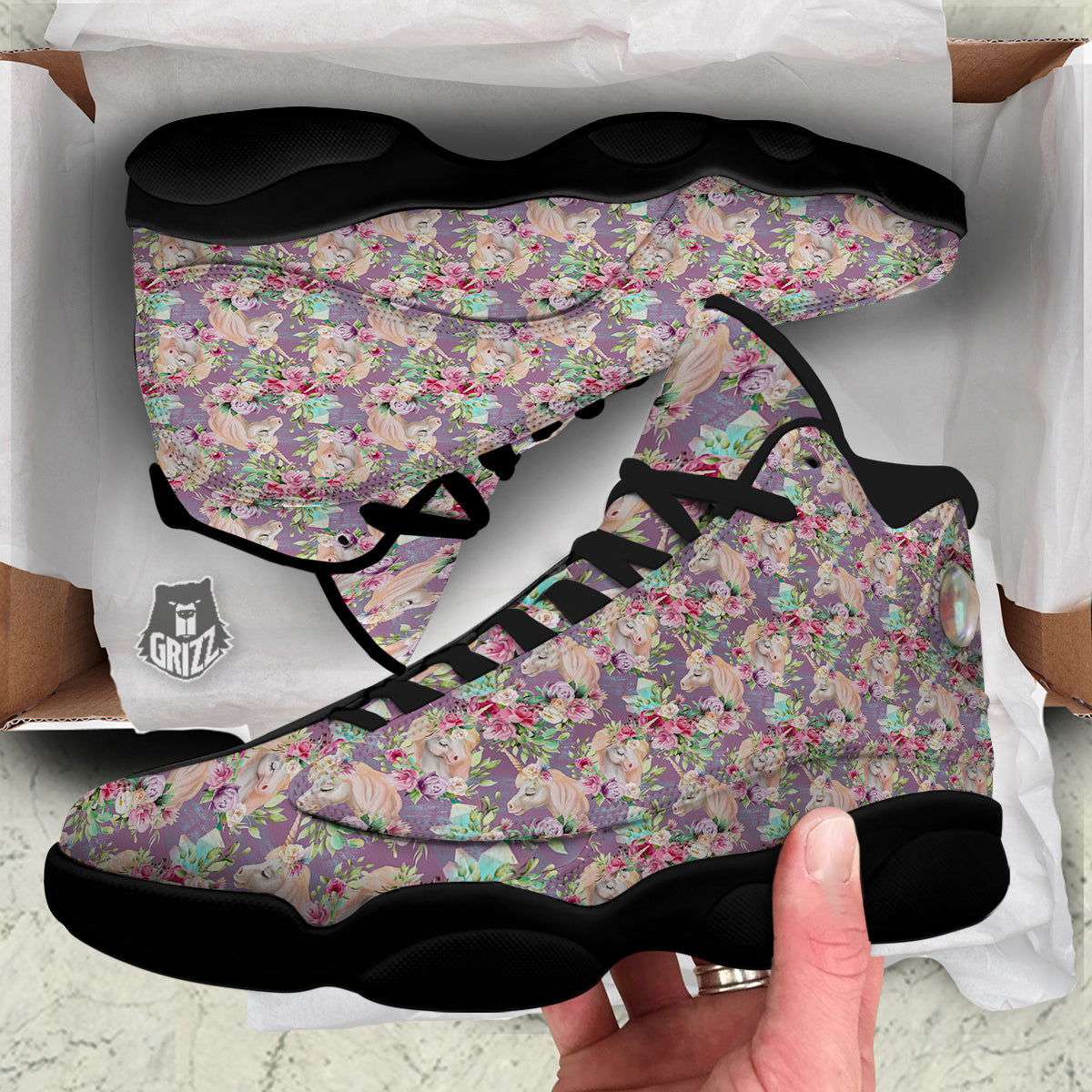 Unicorn Magic Floral Print Pattern Black Basketball Shoes-grizzshop