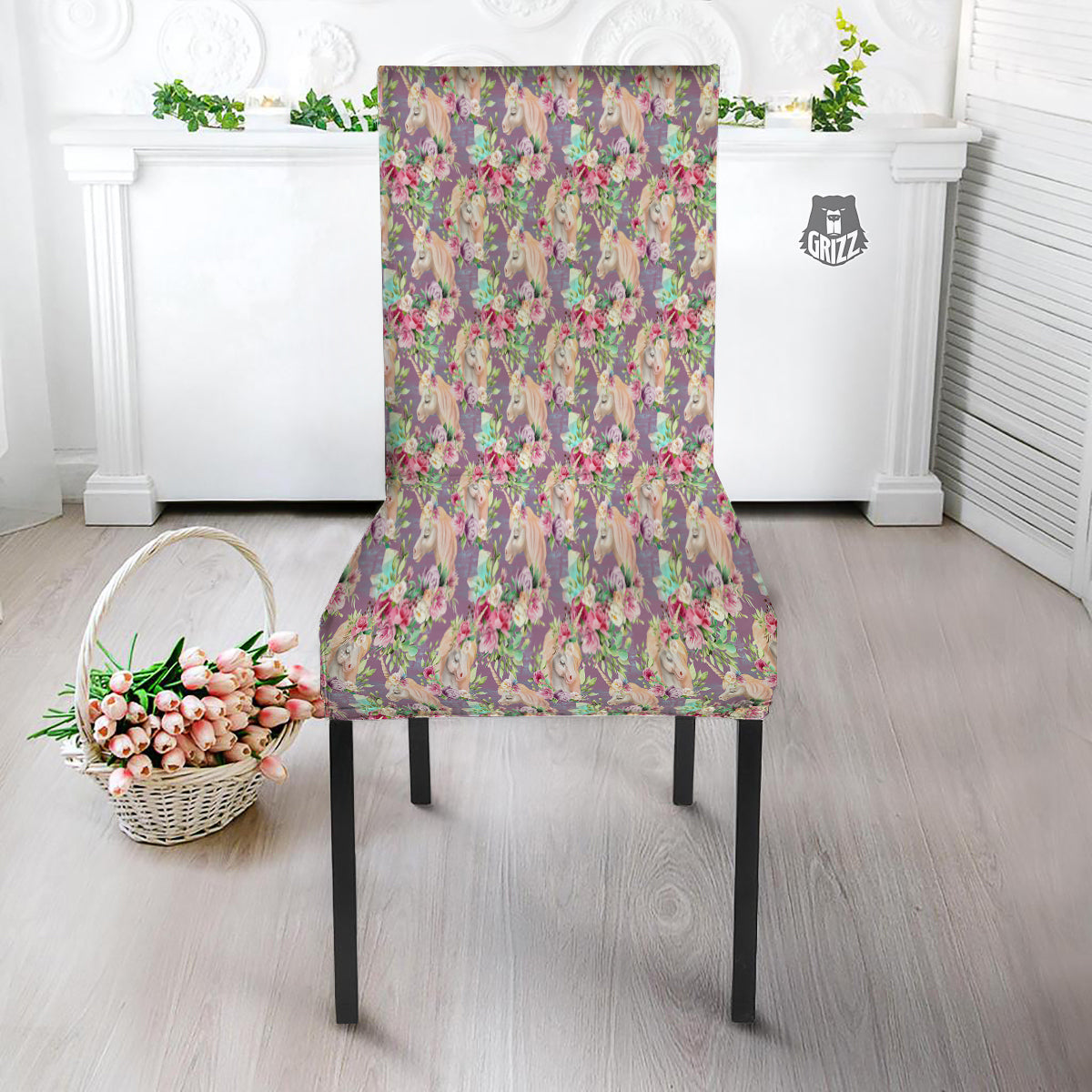 Unicorn Magic Floral Print Pattern Dining Chair Slipcover-grizzshop