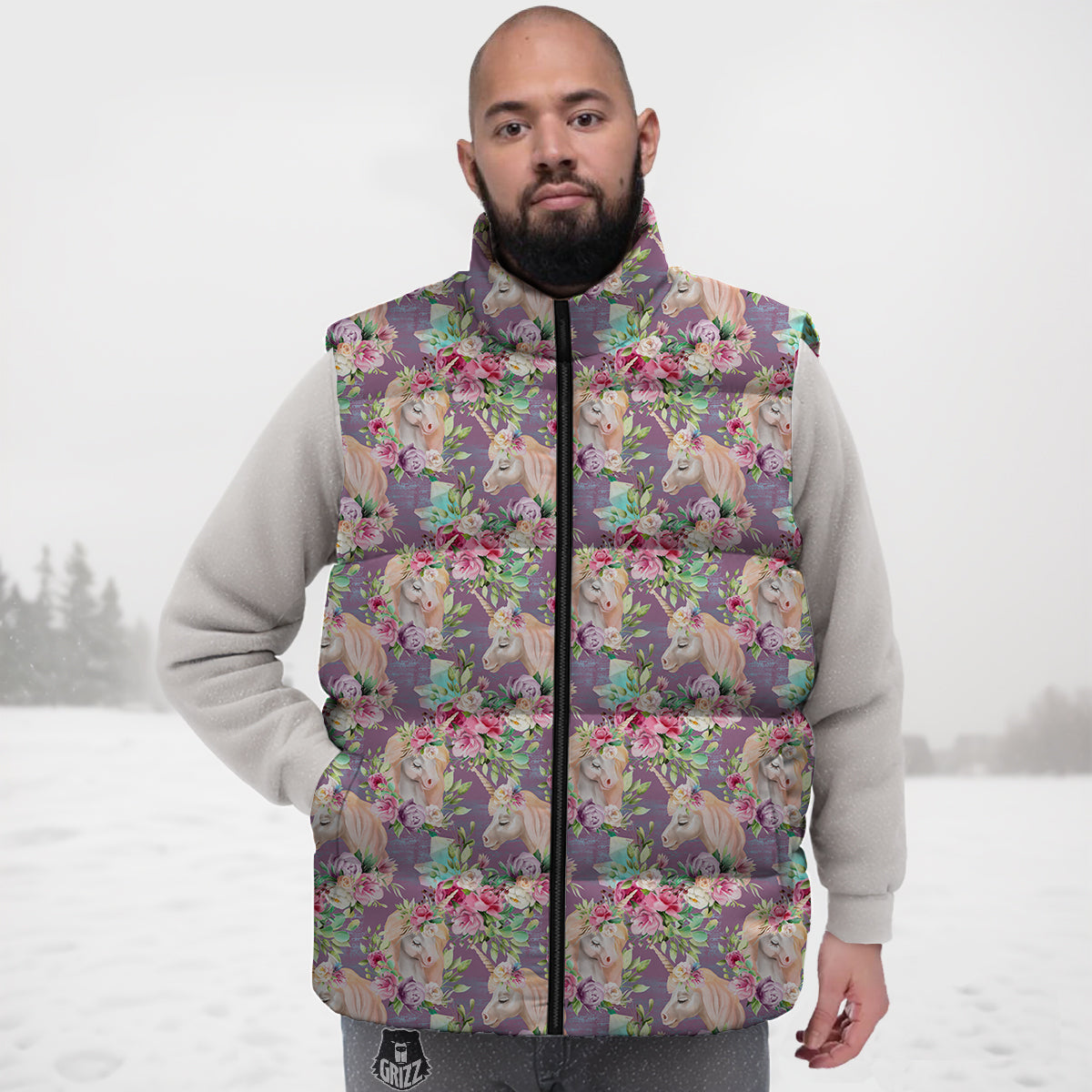 Unicorn Magic Floral Print Pattern Down Vest-grizzshop