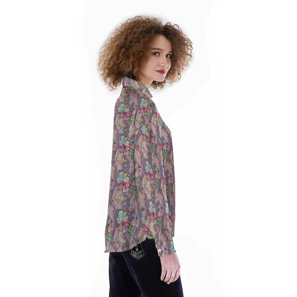 Unicorn Magic Floral Print Pattern Women's Long Sleeve Shirts-grizzshop