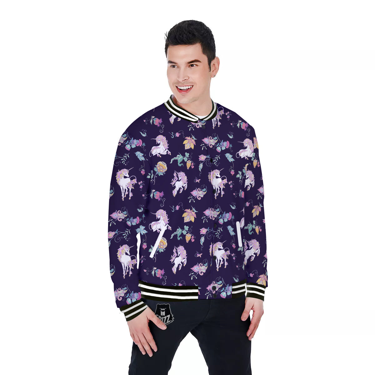 Unicorn Night Floral Print Pattern Baseball Jacket-grizzshop