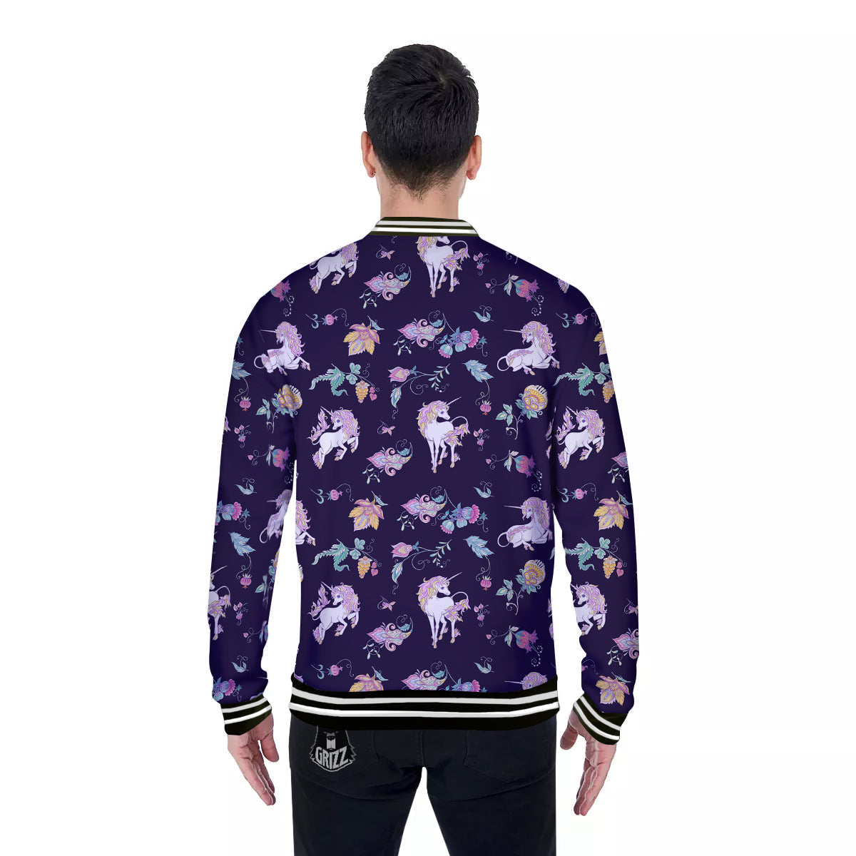 Unicorn Night Floral Print Pattern Baseball Jacket-grizzshop