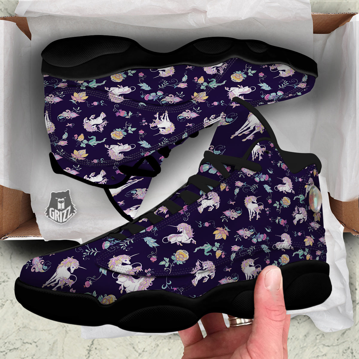 Unicorn Night Floral Print Pattern Black Basketball Shoes-grizzshop
