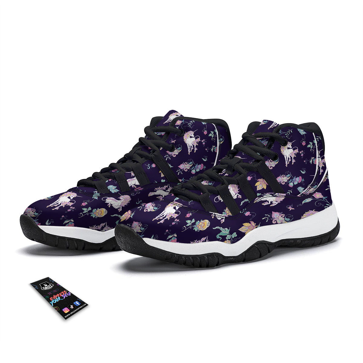 Unicorn Night Floral Print Pattern Black Bball Shoes-grizzshop