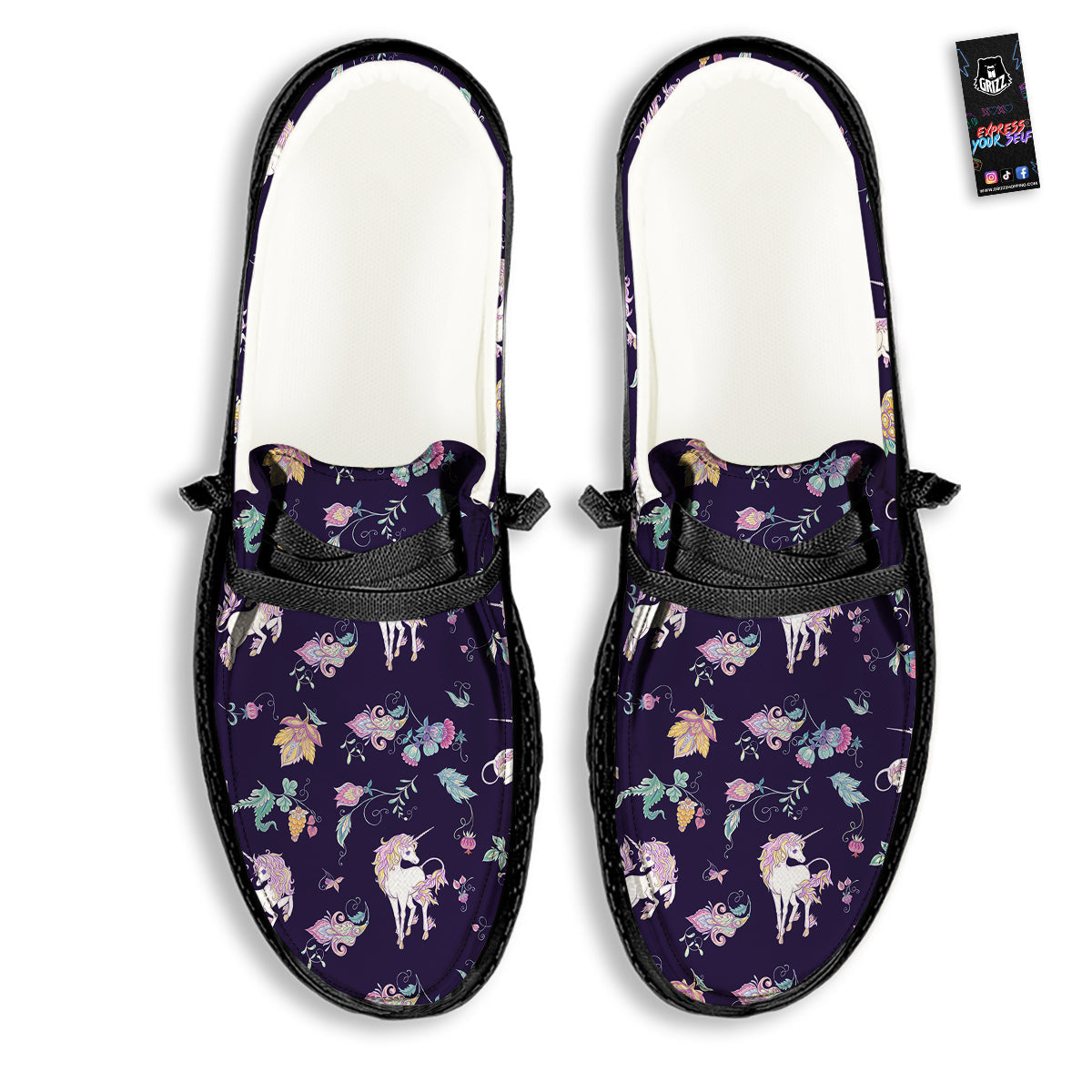 Unicorn Night Floral Print Pattern Black Loafers-grizzshop