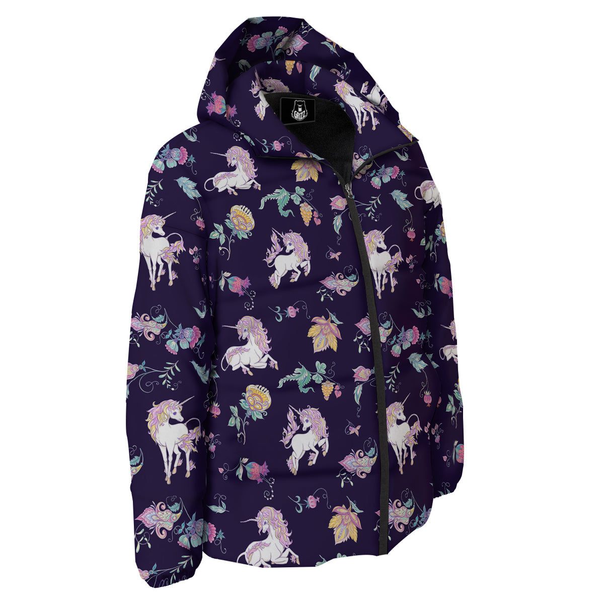 Unicorn Night Floral Print Pattern Down Jacket-grizzshop