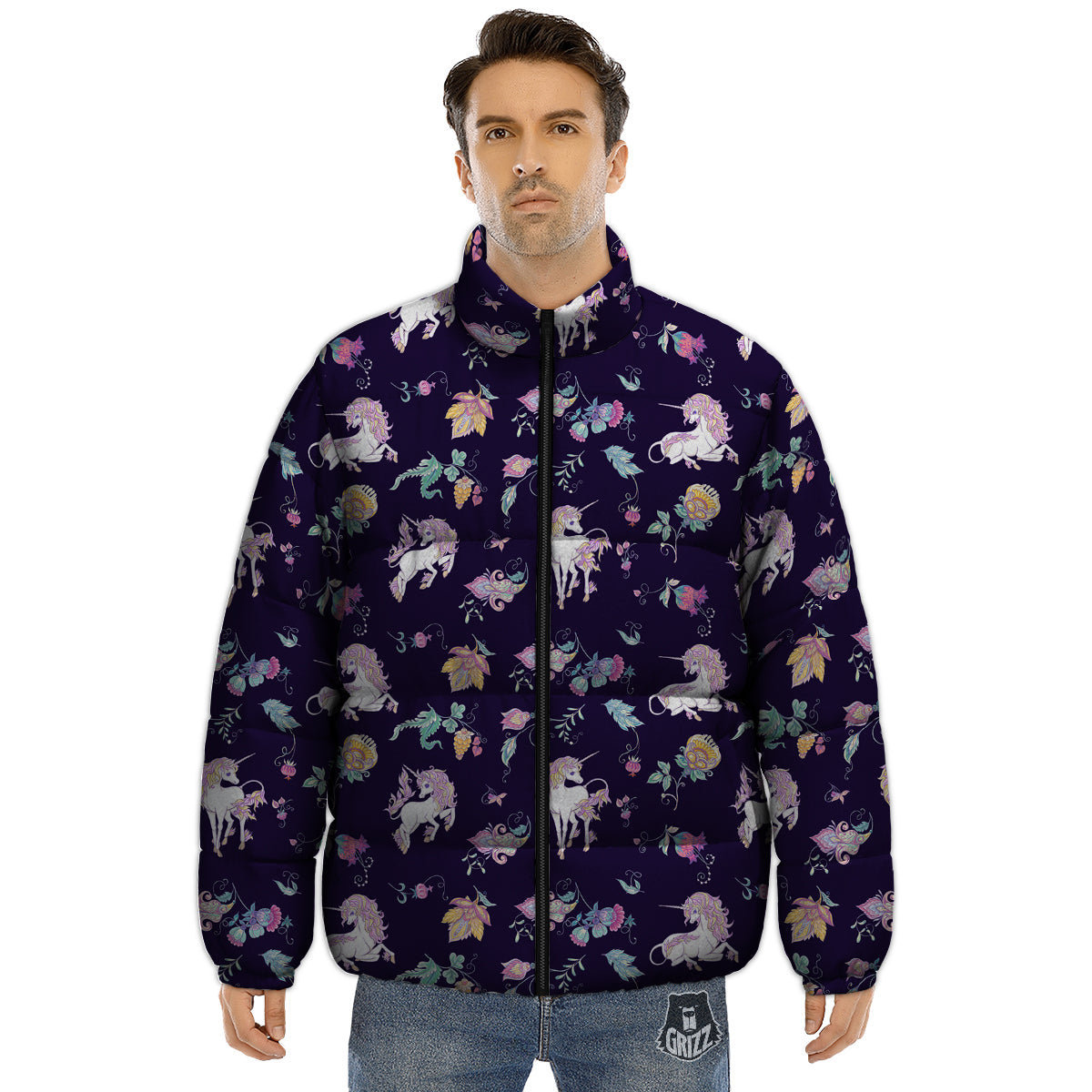 Unicorn Night Floral Print Pattern Puffer Jacket-grizzshop