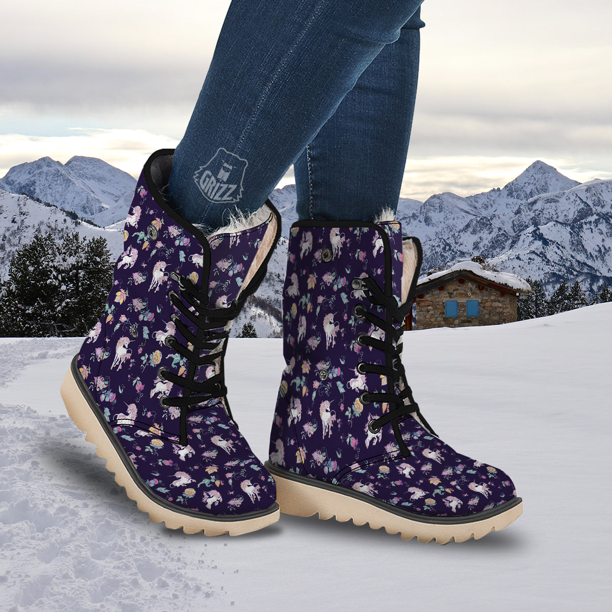Unicorn Night Floral Print Pattern Snow Boots-grizzshop