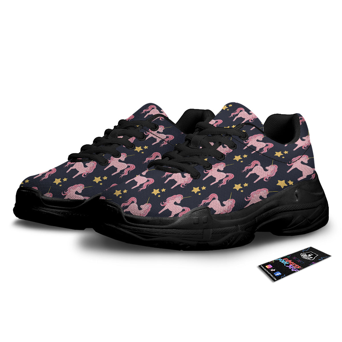 Unicorn Night Star Print Pattern Black Chunky Shoes-grizzshop