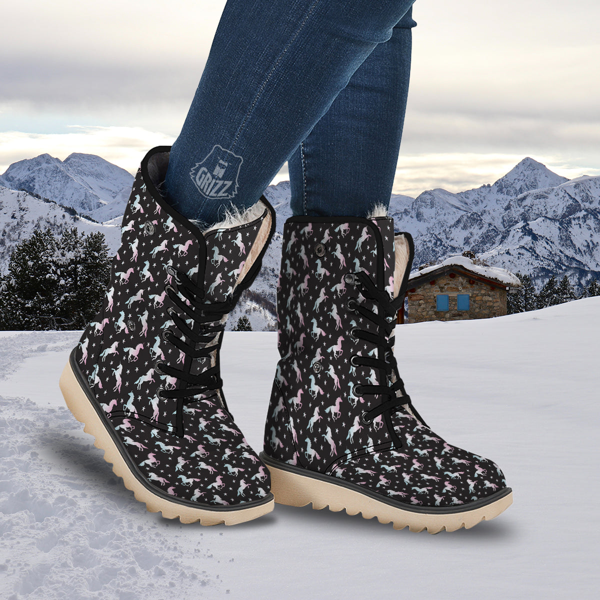 Unicorn Night Winged Print Pattern Snow Boots-grizzshop