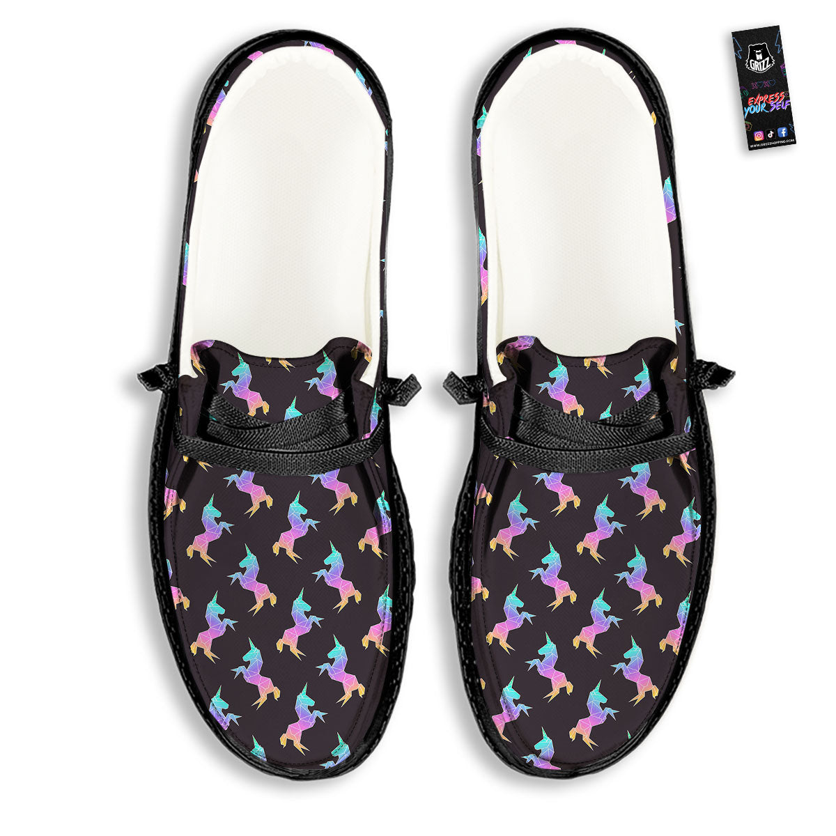 Unicorn Rainbow Origami Print Pattern Black Loafers-grizzshop