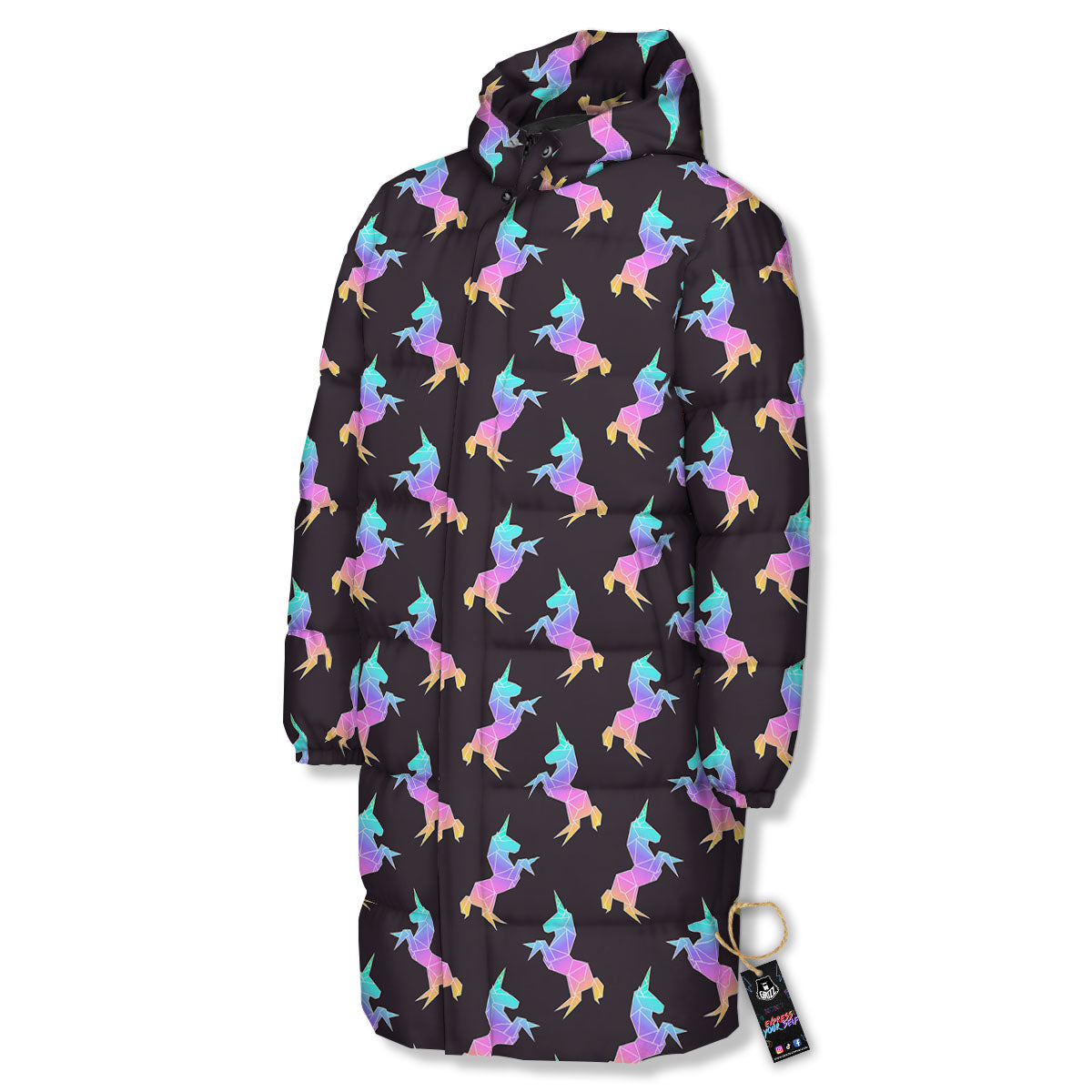 Unicorn Rainbow Origami Print Pattern Long Down Jacket-grizzshop