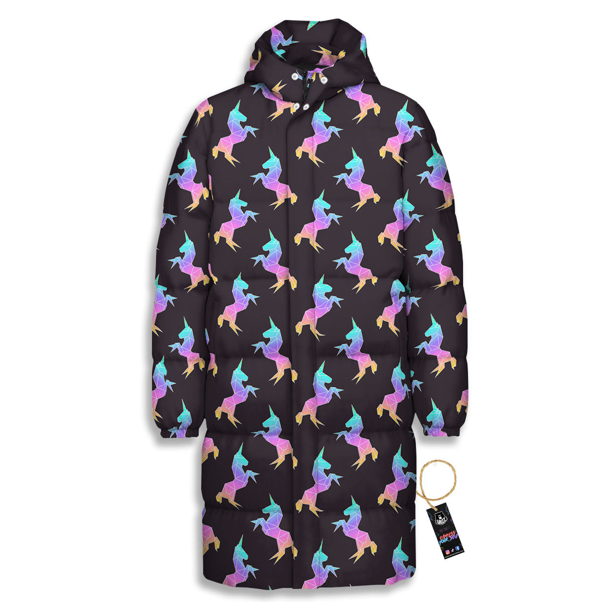 Unicorn Rainbow Origami Print Pattern Long Down Jacket-grizzshop