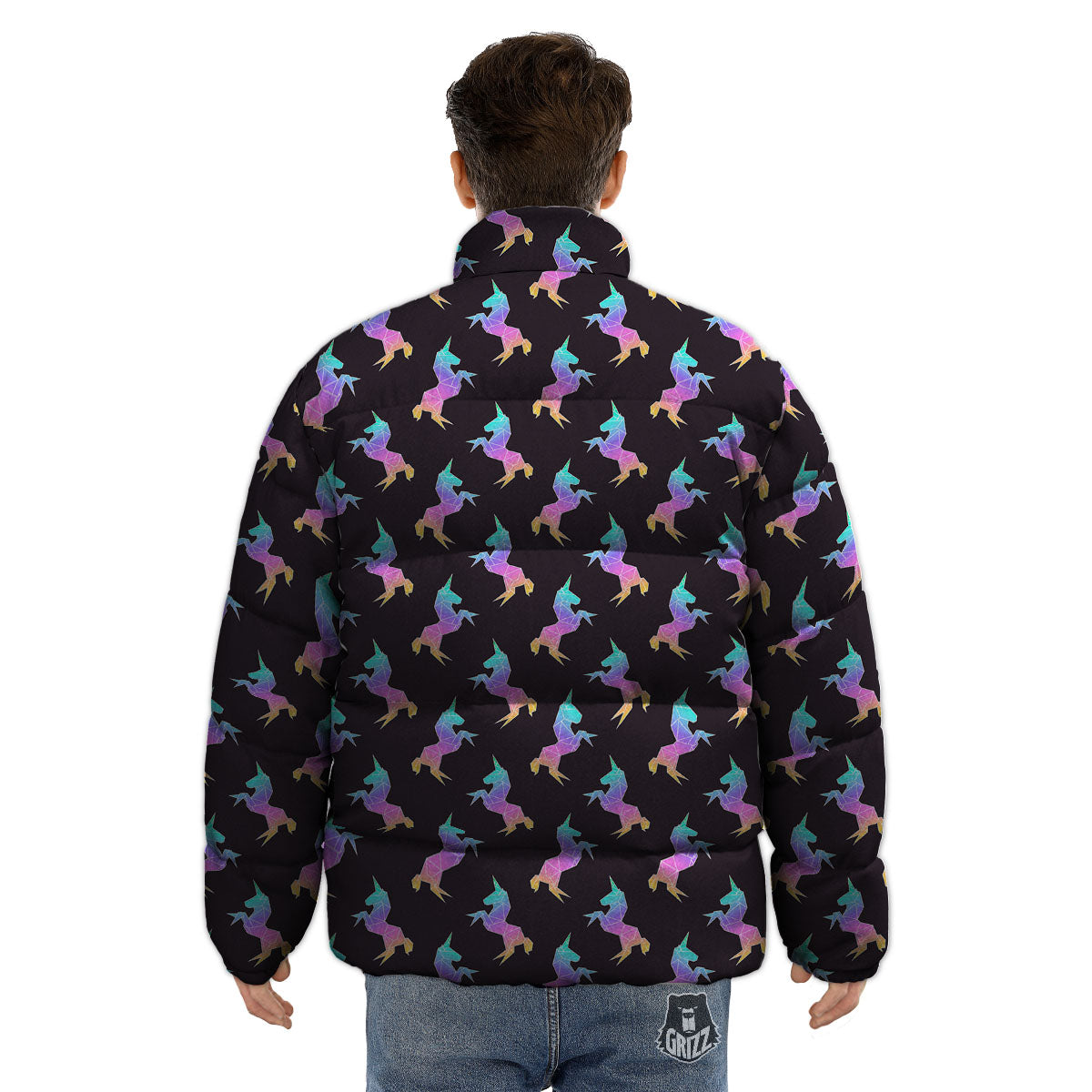 Unicorn Rainbow Origami Print Pattern Puffer Jacket-grizzshop