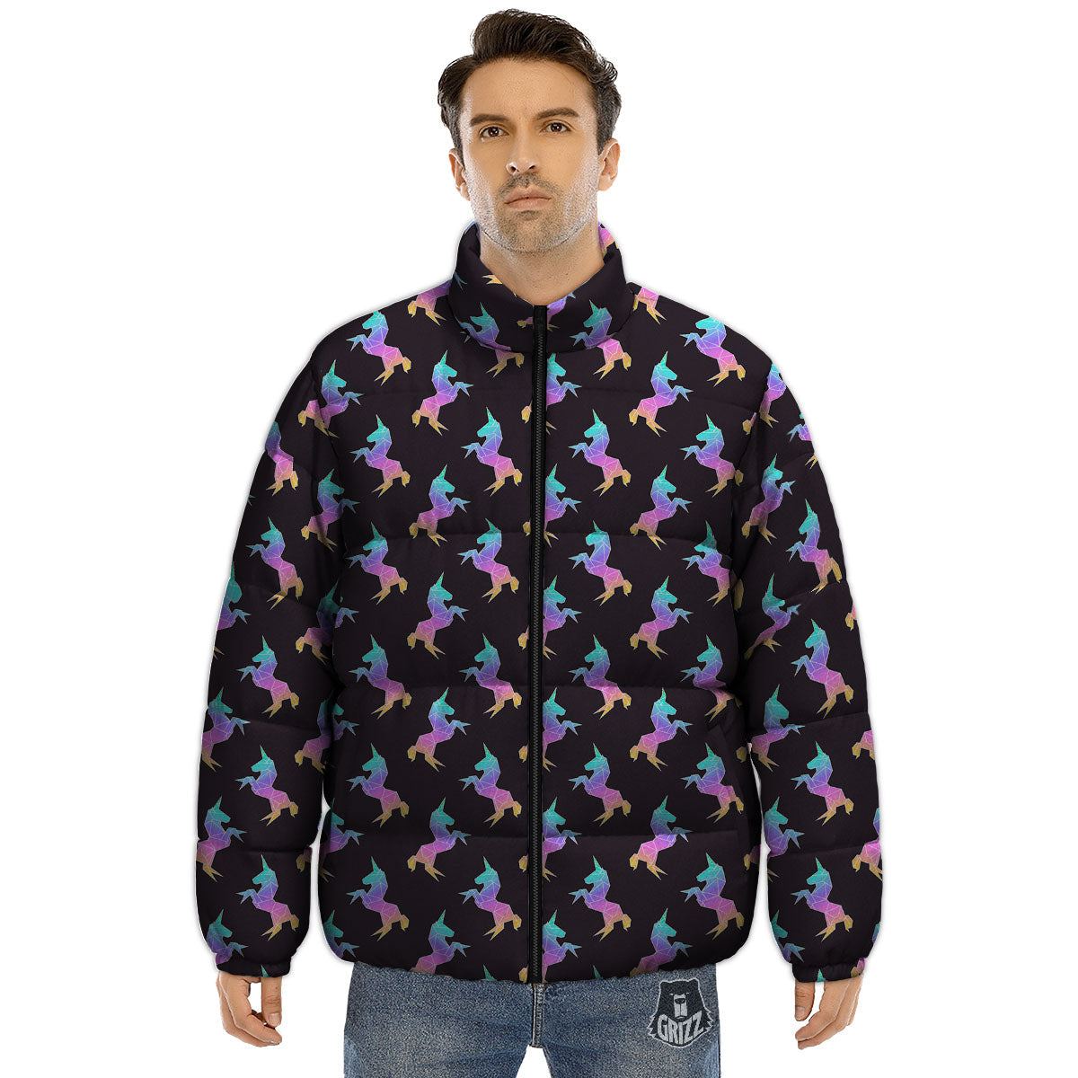 Unicorn Rainbow Origami Print Pattern Puffer Jacket-grizzshop