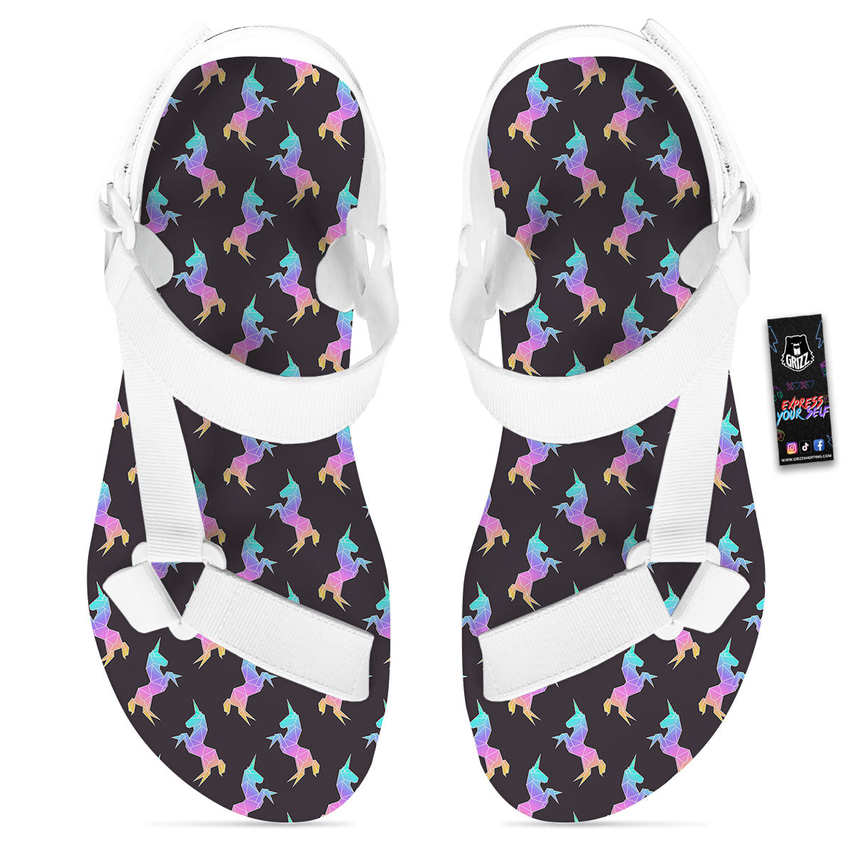 Unicorn Rainbow Origami Print Pattern White Open Toe Sandals-grizzshop