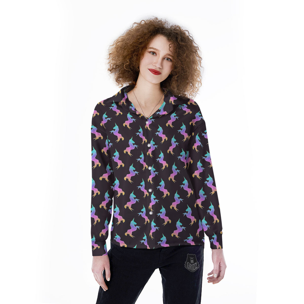 Unicorn Rainbow Origami Print Pattern Women's Long Sleeve Shirts-grizzshop