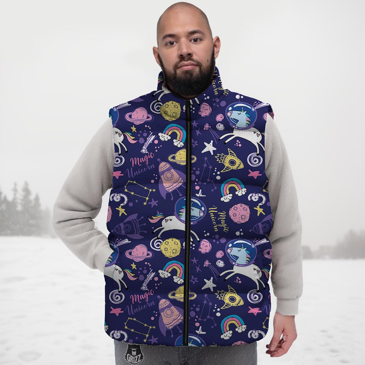 Unicorn Space Astronaut Print Pattern Down Vest