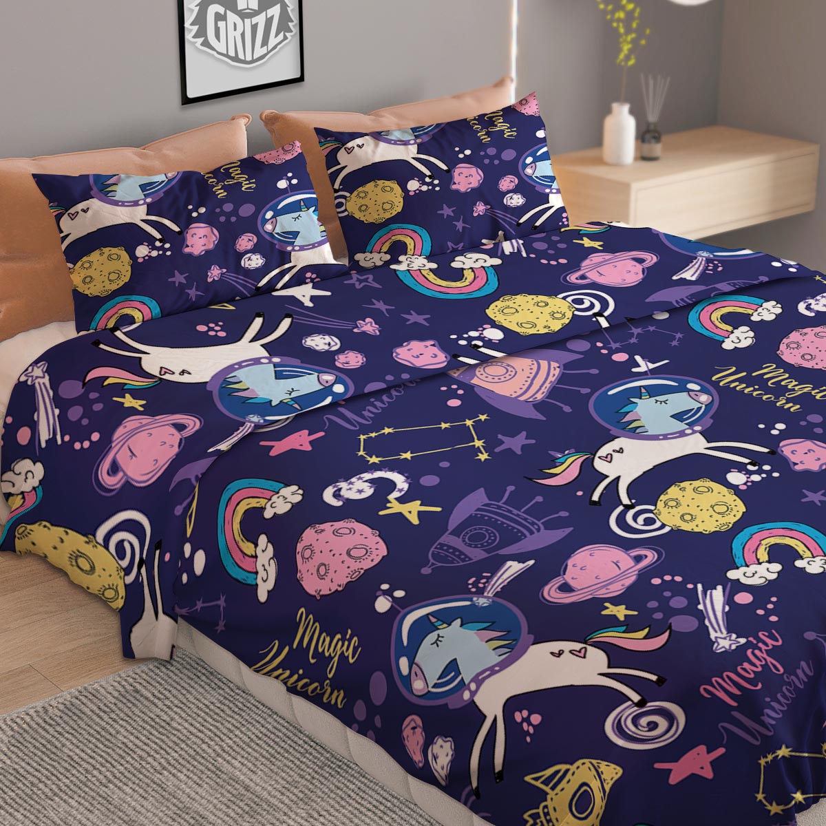 Unicorn Space Astronaut Print Pattern Duvet Cover Bedding Set