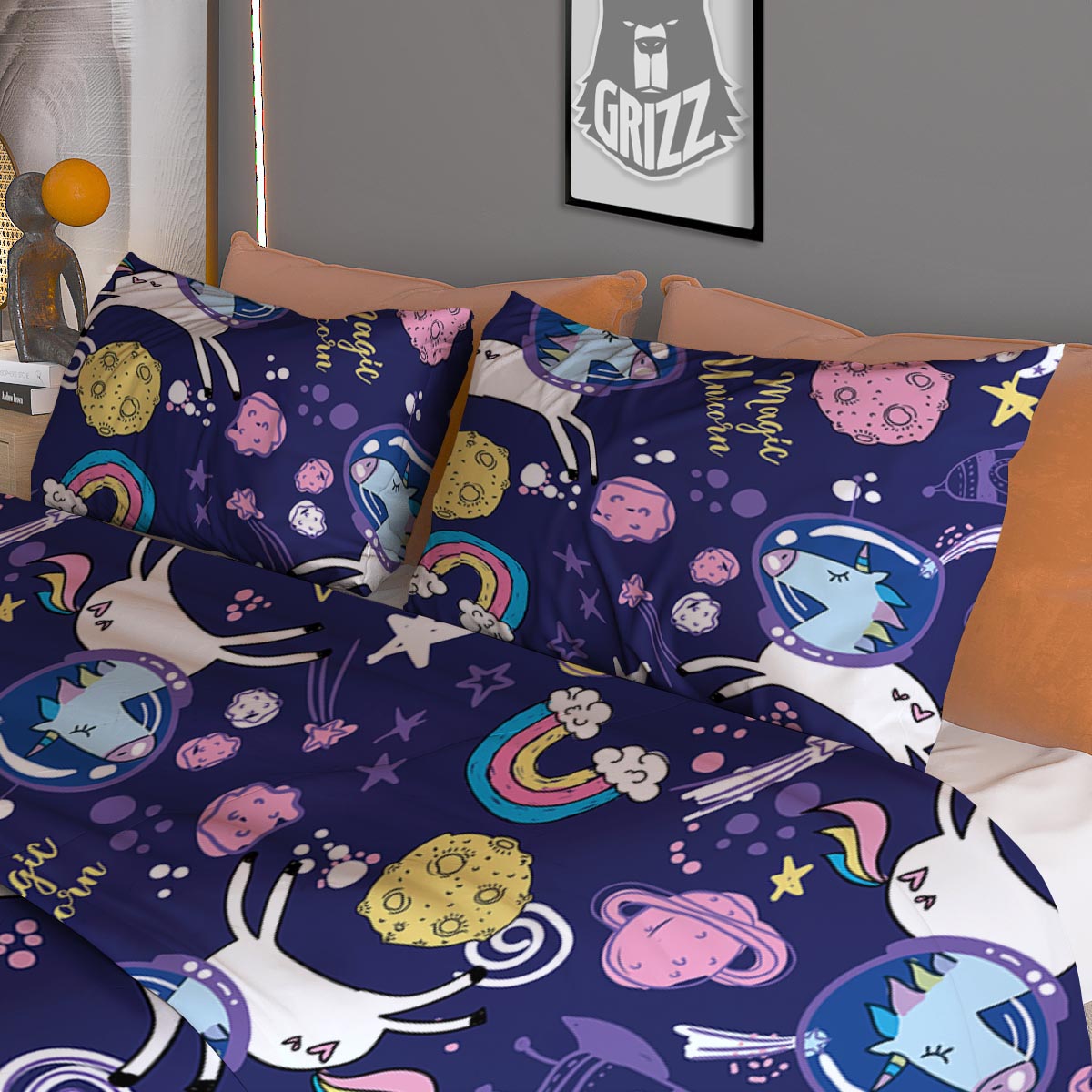 Unicorn Space Astronaut Print Pattern Duvet Cover Bedding Set