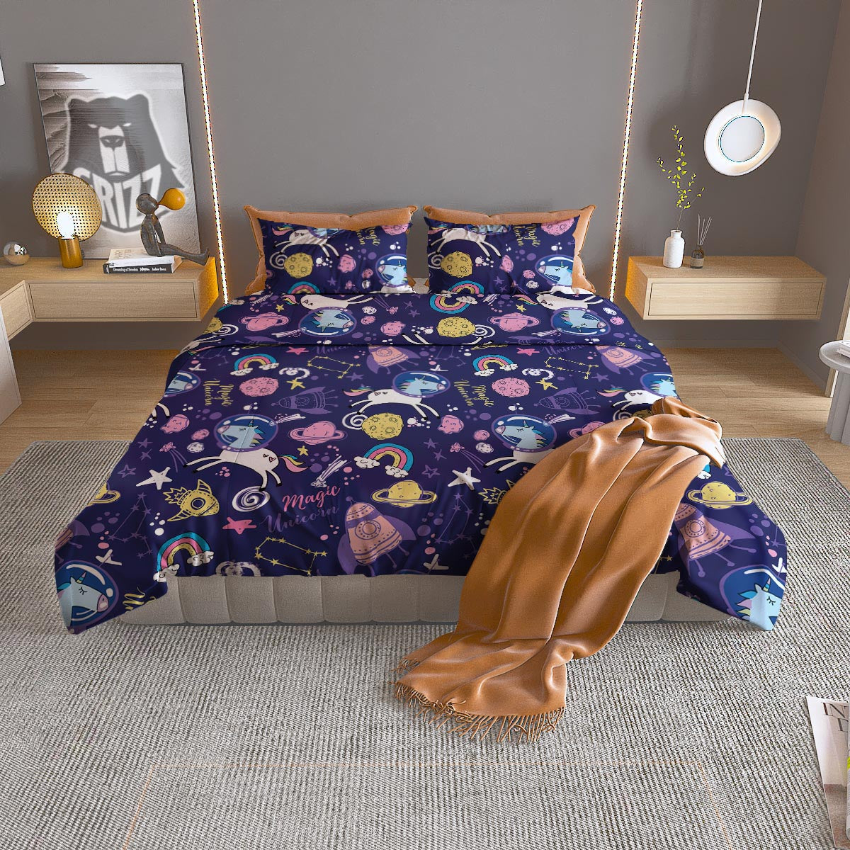 Unicorn Space Astronaut Print Pattern Duvet Cover Bedding Set