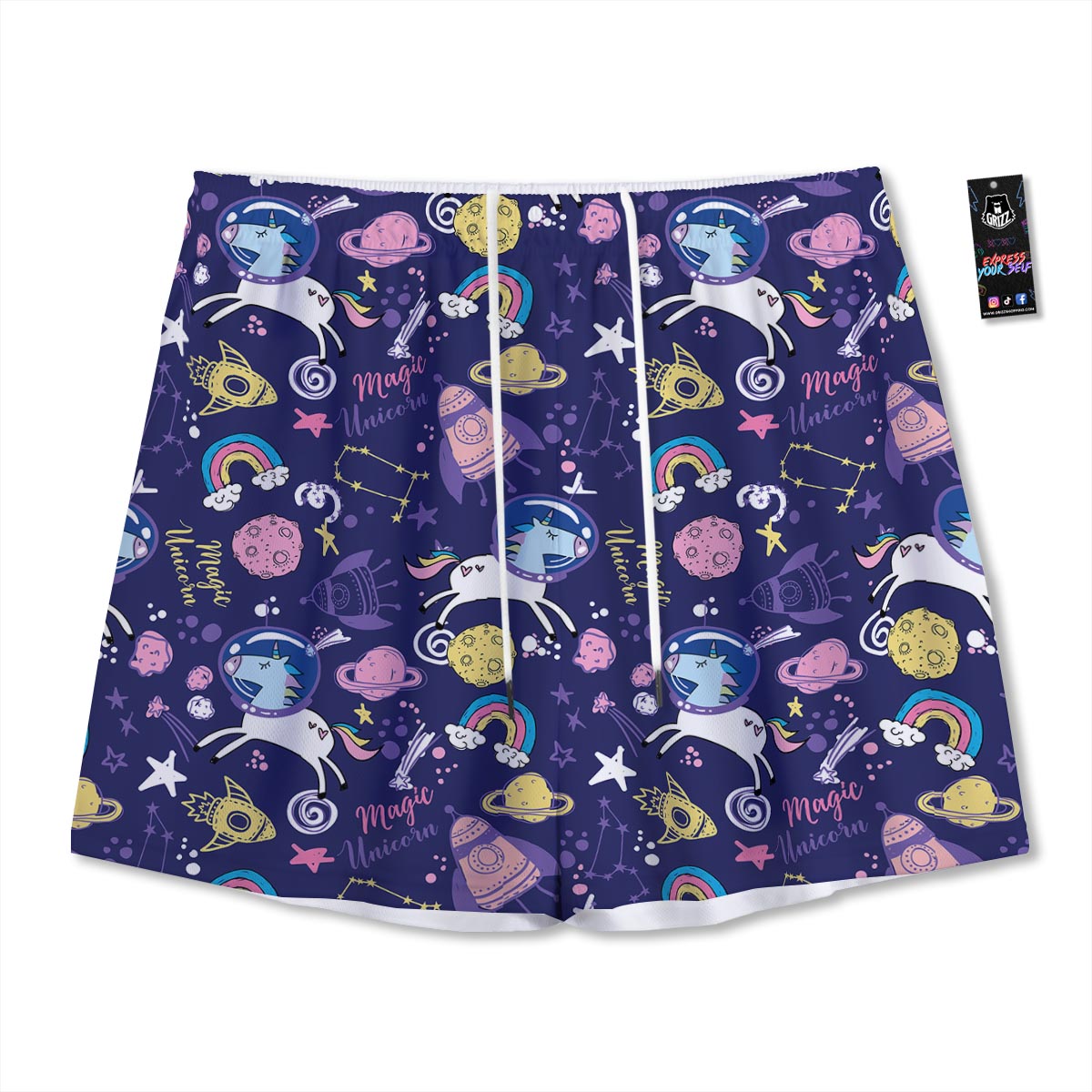Unicorn Space Astronaut Print Pattern Mesh Shorts